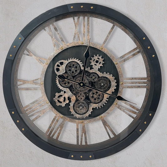 DORBOKER 24" Large Wall Clock with Moving Gears,Oversize Vintage Industrial Rustic Farmhouse Clocks for Living Room Decor Office Home,Solid Wood HD Tempered Glass Cover,Vintage Black