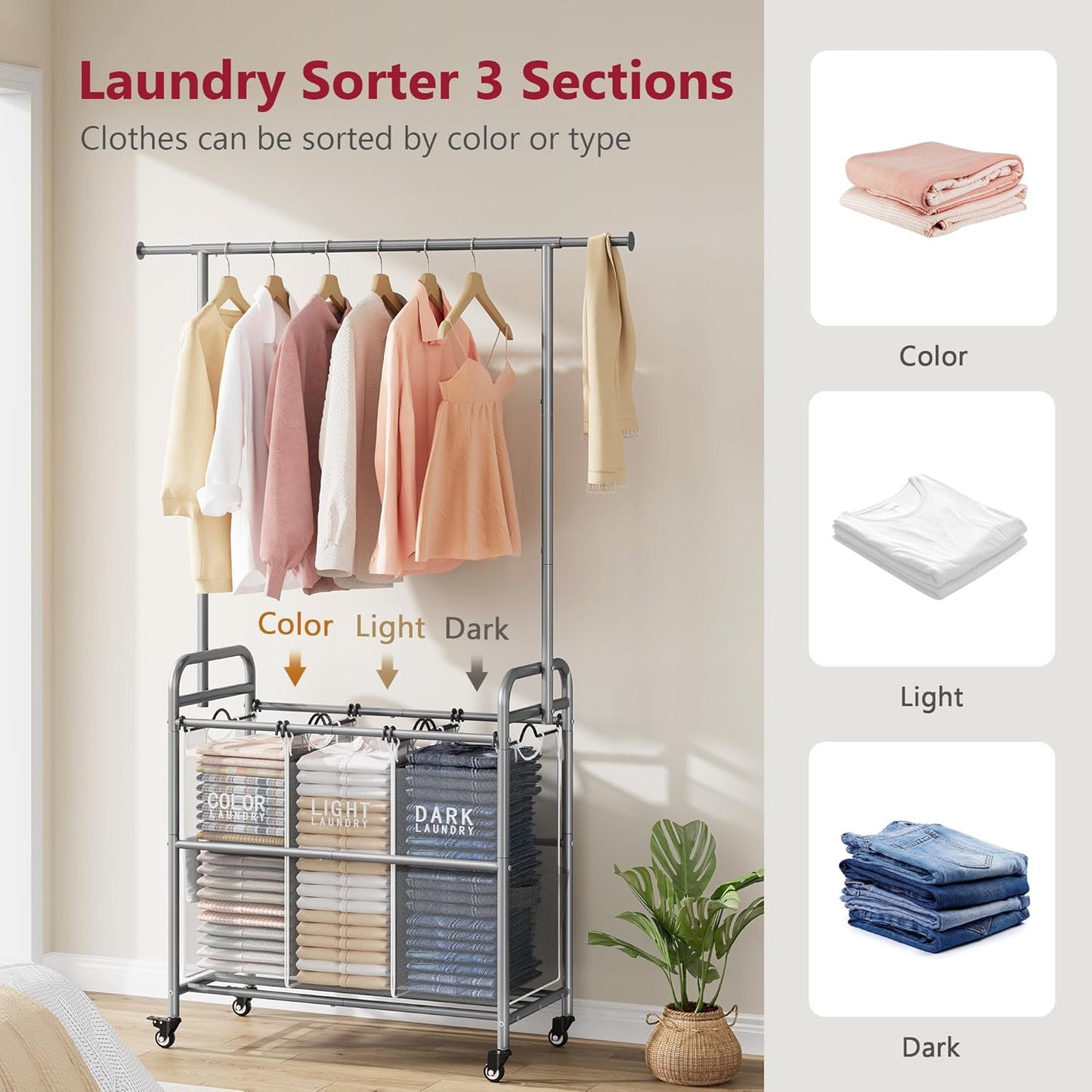 Tajsoon Laundry Sorter with Hanging Bar, 3 Section Rolling Laundry Hamper with Heavy Duty Lockable Wheels, Laundry Basket with Hanging Rack for Bedroom, 3 Gray