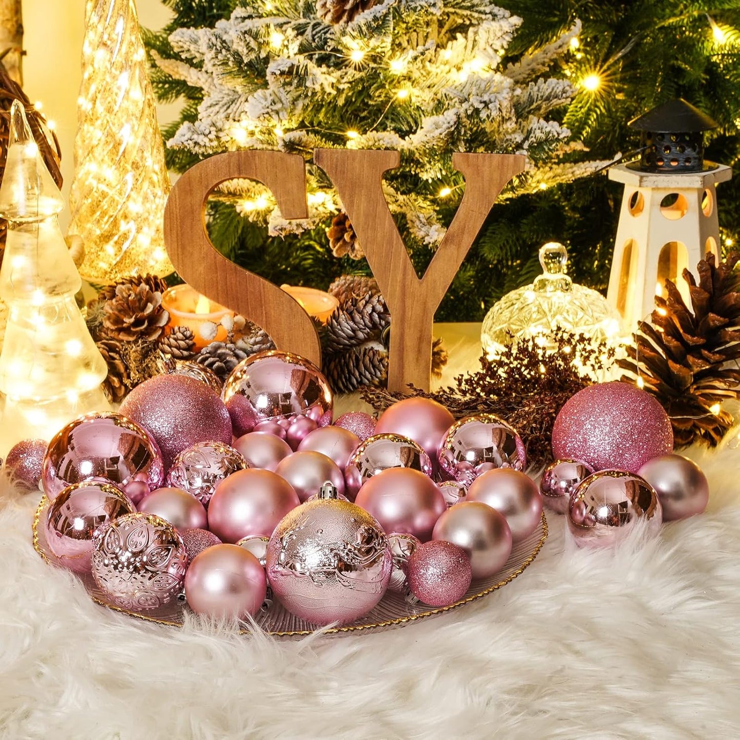 Christmas Ball Ornaments for Christmas Decorations - 41 Pieces Xmas Tree Pink Shatterproof Ball Ornaments with Hanging Loop for Holiday and Party Decoration