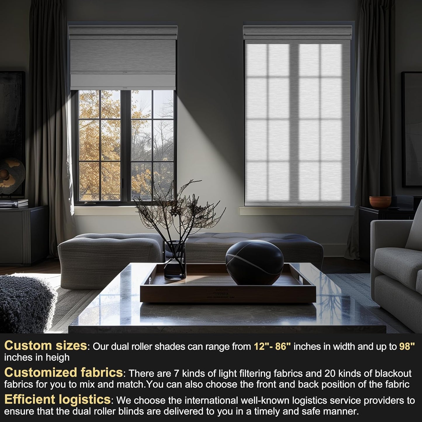 BERISSA Cordless Dual Roller Shades with Cassette Valance, Double Window Shades - Blackout and Light Filtering - Day and Night - Striped Jacquard White - 28 W x 36" H