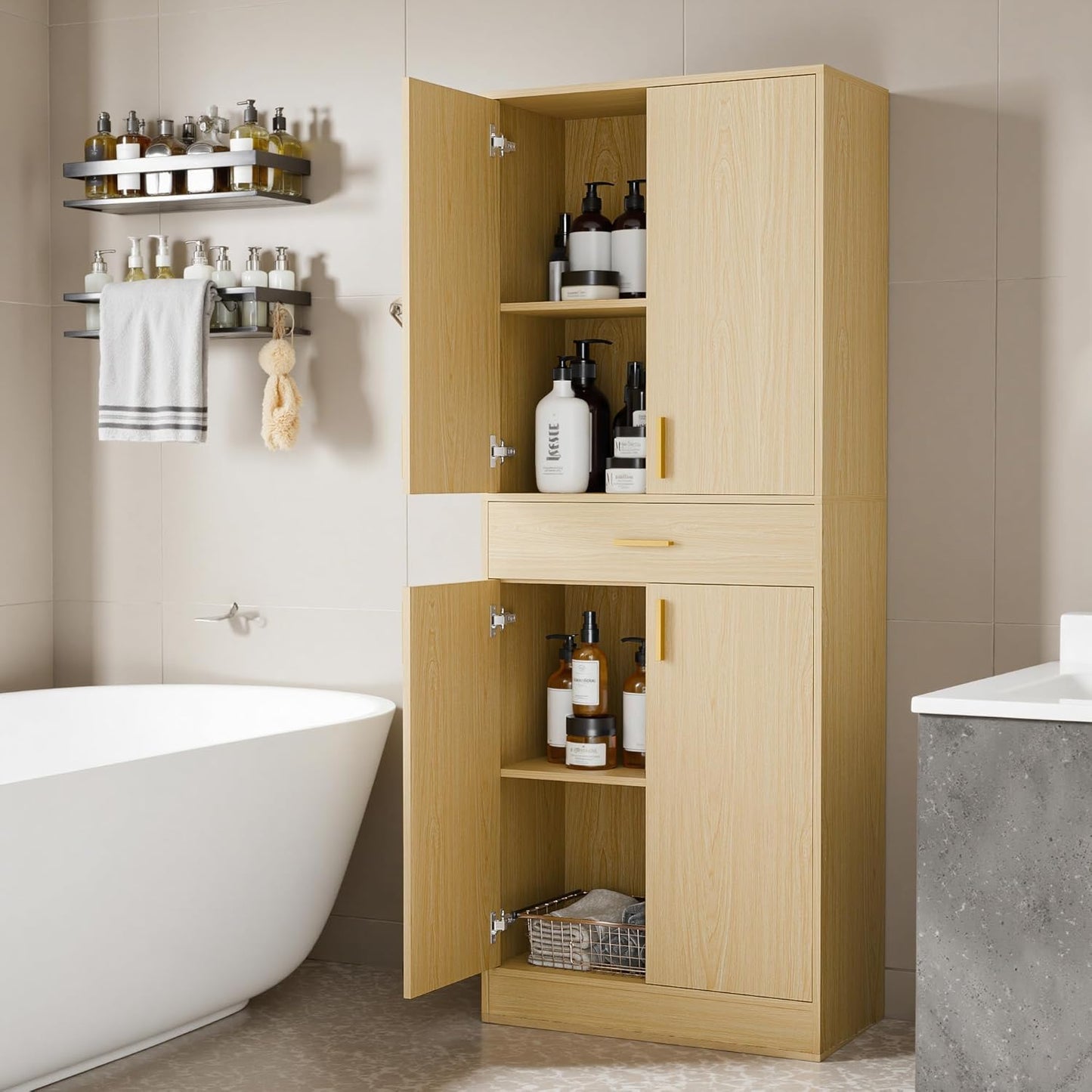 Cozy Castle Pantry Cabinet, 71" Tall Kitchen Storage Cabinet with Doors and Shelves, Freestanding Wood Cupboard Utility Hutch with Drawer for Dining Room Living Room Bathroom Furniture, Oak