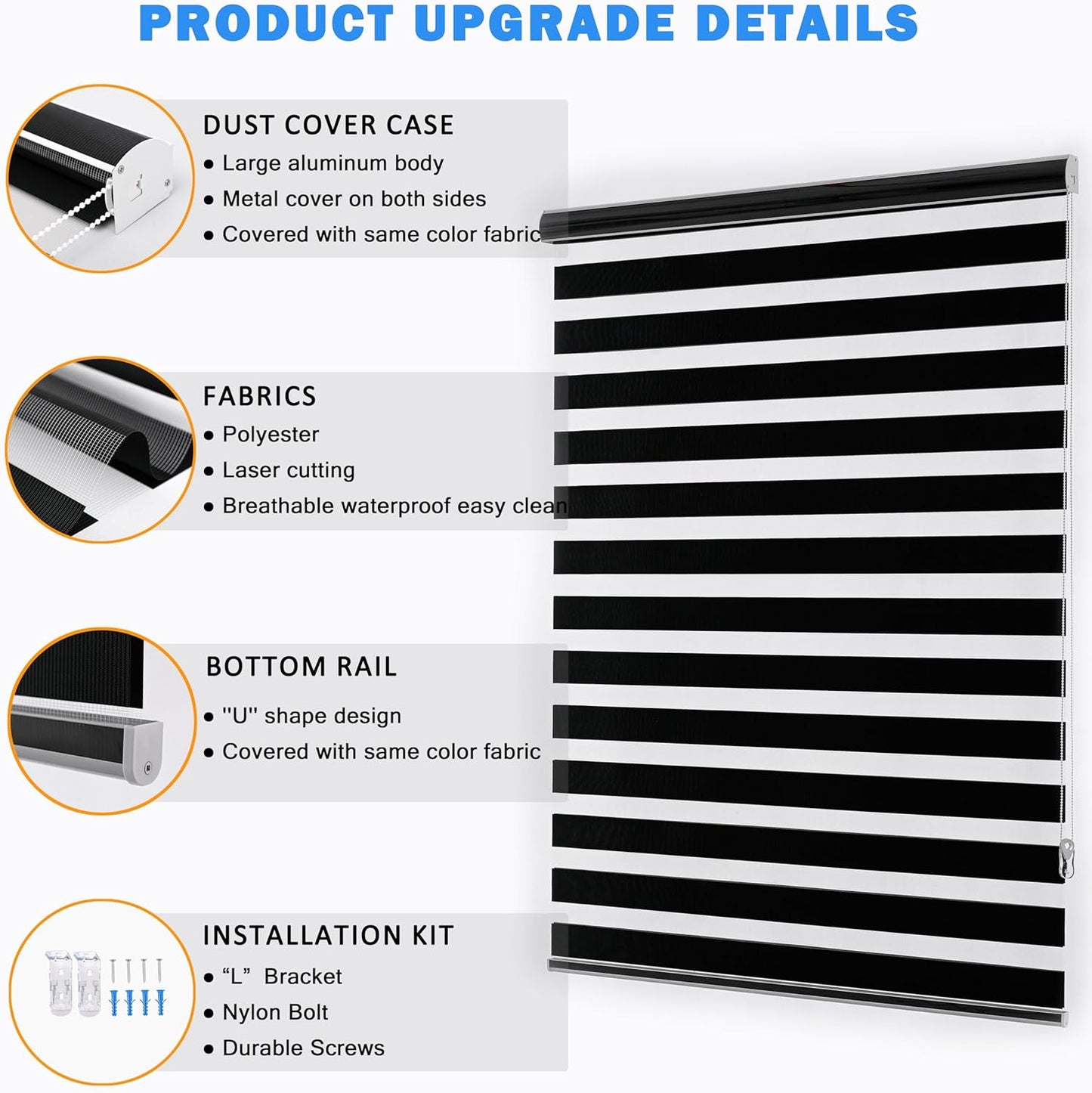 Blackout Zebra Blinds, Dual Layer Free-Stop, Room Darkening Zebra Shades, Blinds for Indoor Windows, Light Filtering Privacy Sheer Shade for Home(30" W X 72" H, Black)