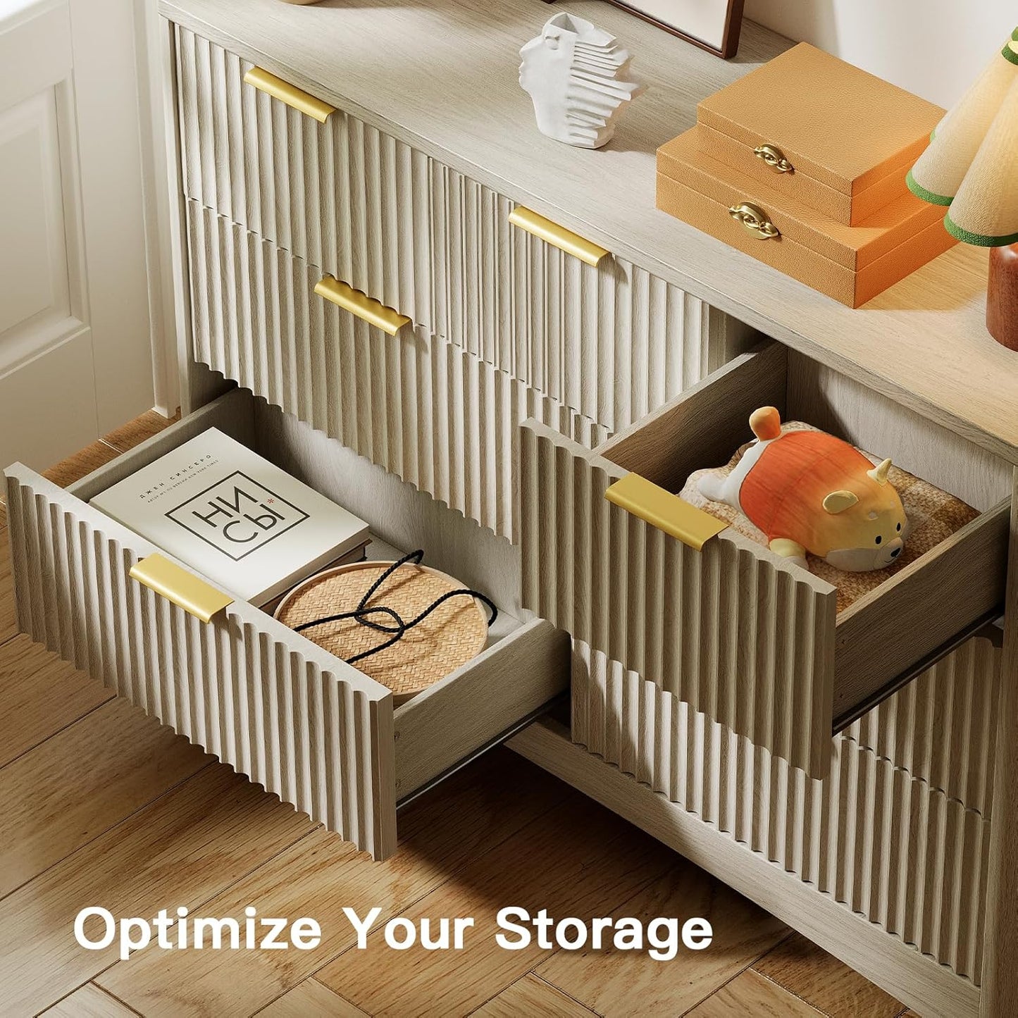 Pipishell Fluted 7 Drawers Dresser for Bedroom, 47" Wooden Drawers with Metal Handle, Dressers with Round Corner Design, Closet Storage Organizer for Bedroom, Hallway, Grey