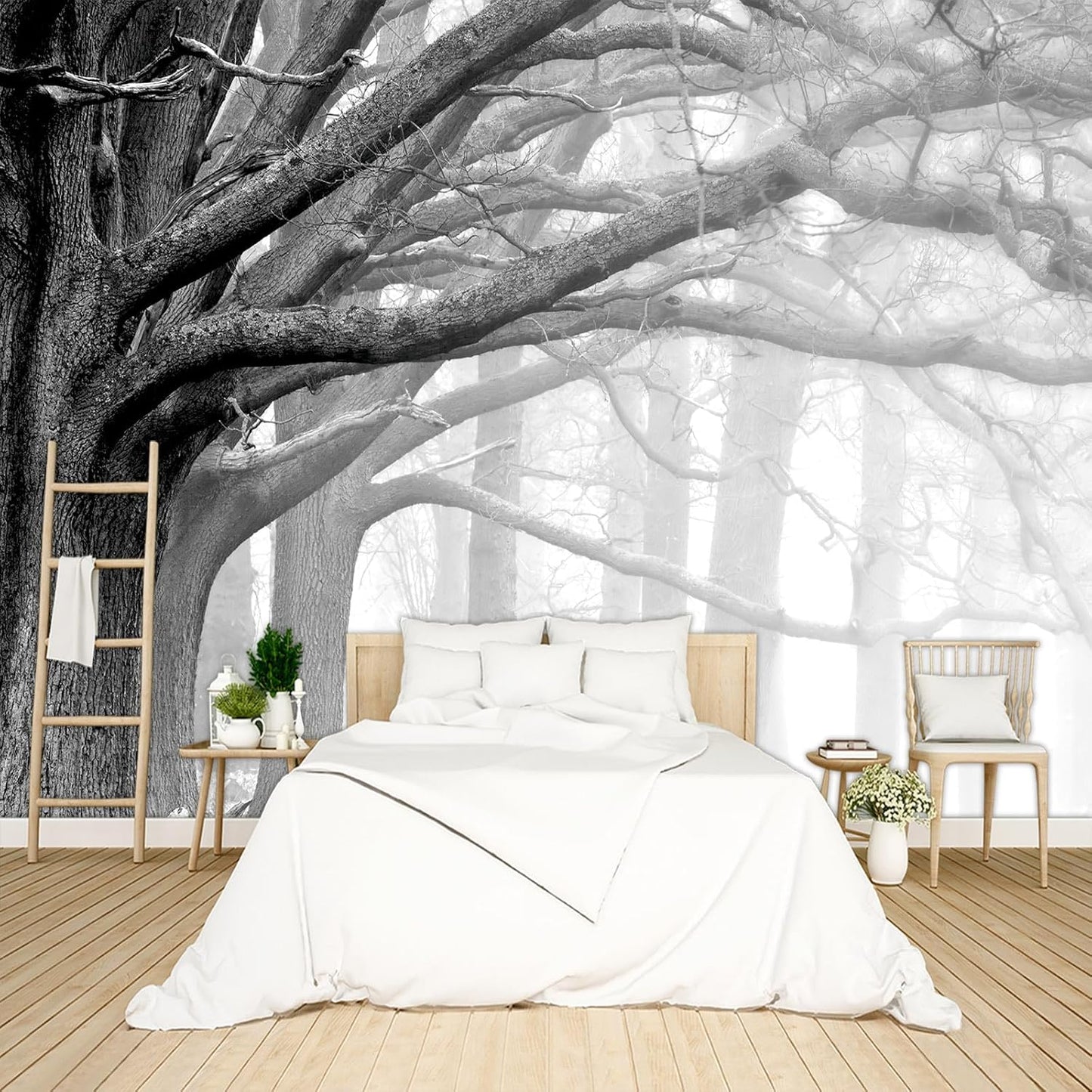 Grey Forest Big Tree Wallpaper Woodland Peel and Stick Wall Mural for Bedroom Living Room - 85"x118"