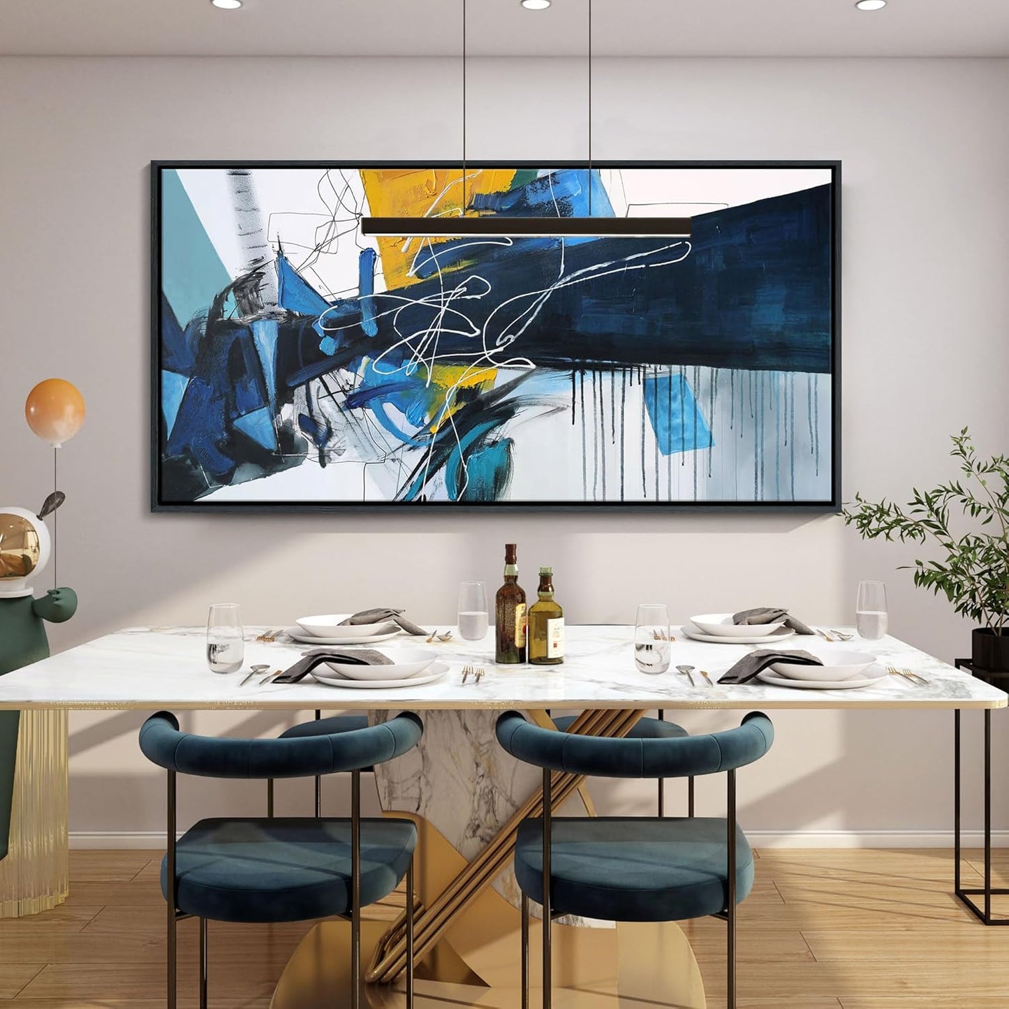 KLAKLA Extra Large Wall Art for Living Room - Blue and white Canvas Framed Wall Decor Living Room Abstract Picture Artwork for Office Bedroom Decorative Paintings