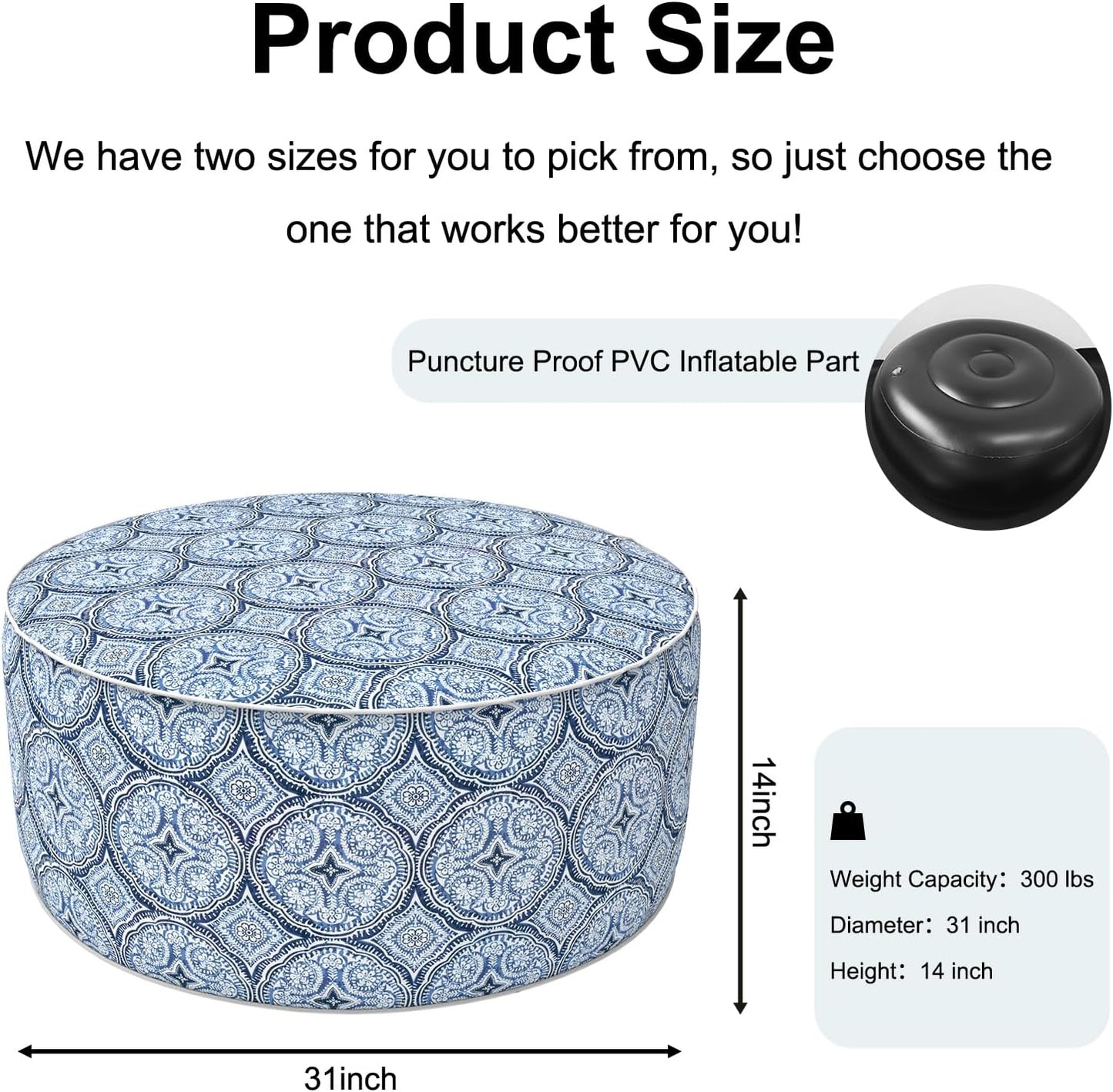 Inflatable Ottoman Stool D31 xH14 for Outdoor/Indoor Use, Water Repellent Patio Foot Rest Stool with Portable Handle,Round Pouf Ottoman Suitable for Garden,Deck and Camping - Medallion Blue