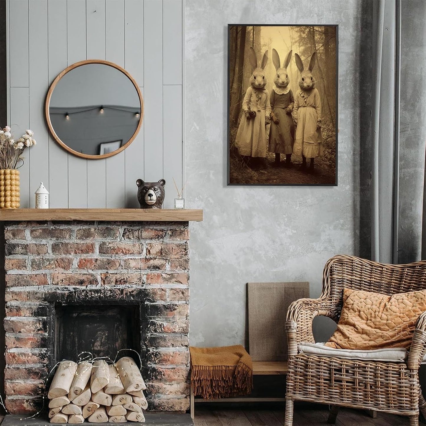 Vintage Horror Spooky Three Rabbits In Occult Forest Spooky Canvas Wall Art Poster Gothic Dark Academia Decorations Room Creepy Print Retro Halloween Wall Decor 24X36inch Aluminum Framed