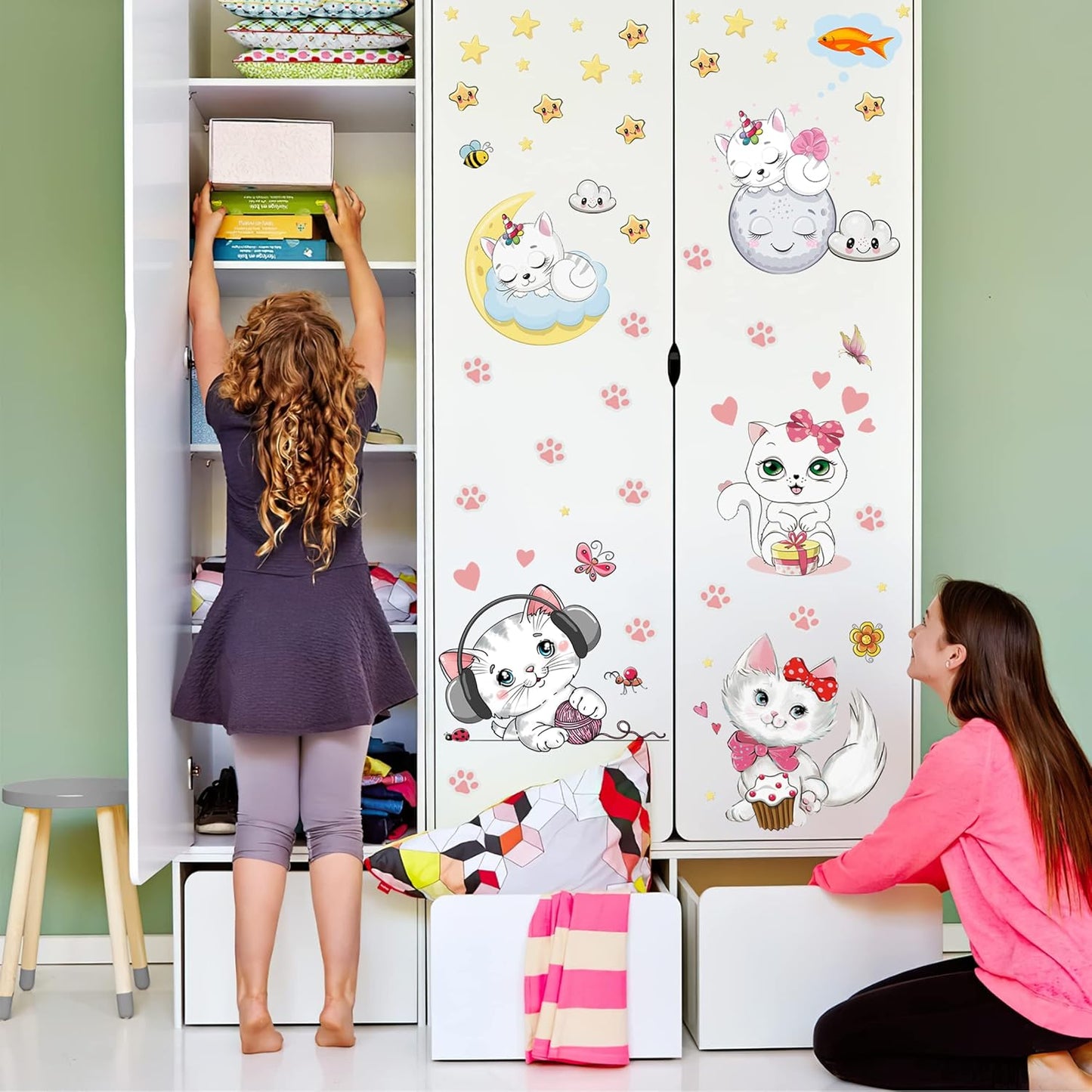 Glow in The Dark Stars for Girl's Room, Glowing Cats Cartoon Wall/Ceiling Decals, Kitten Butterflies Stickers for Kids Bedroom, Luminous Wall Decor for Nursery (Blue)