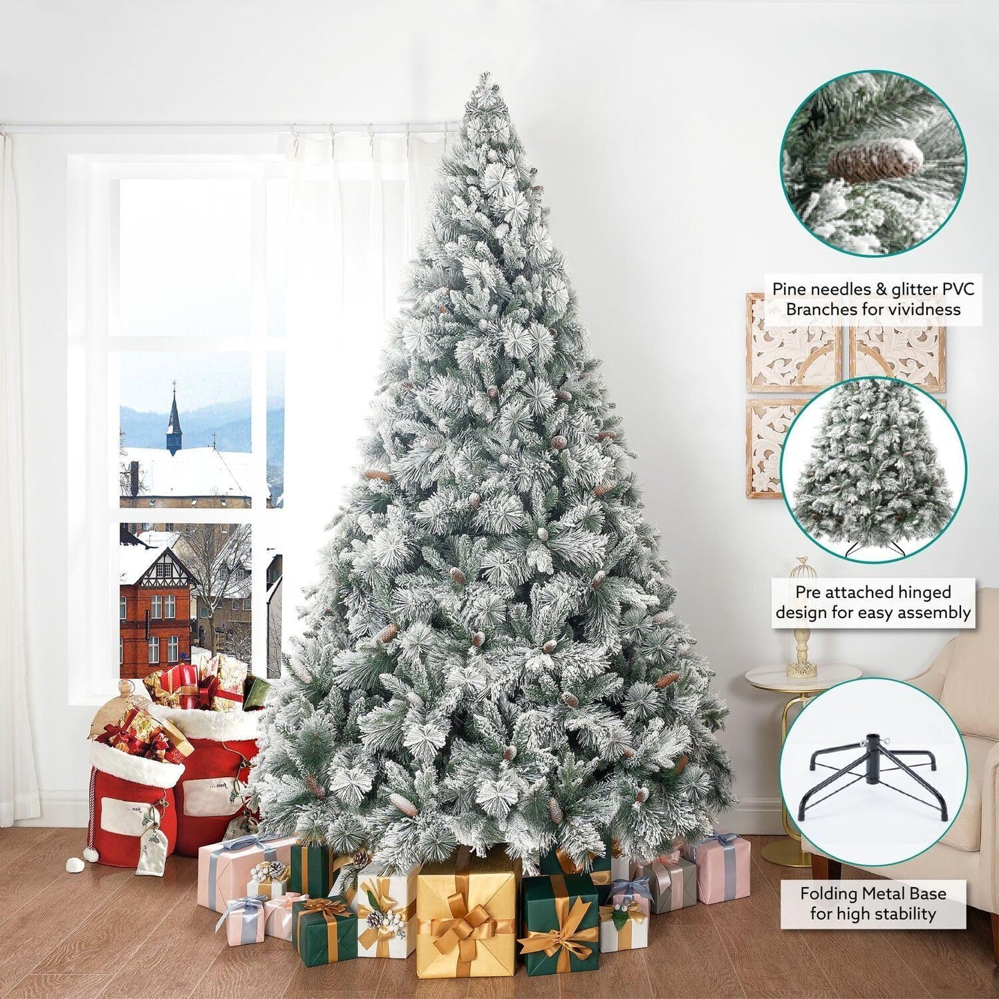 Naomi Home 7.5ft Slim Snow Flocked Christmas Tree with Lights,Realistic Frosted Skinny Pencil Prelit with 1102 Branch Tips, 350 Warm Lights & Metal Stand, Aritificial Tree