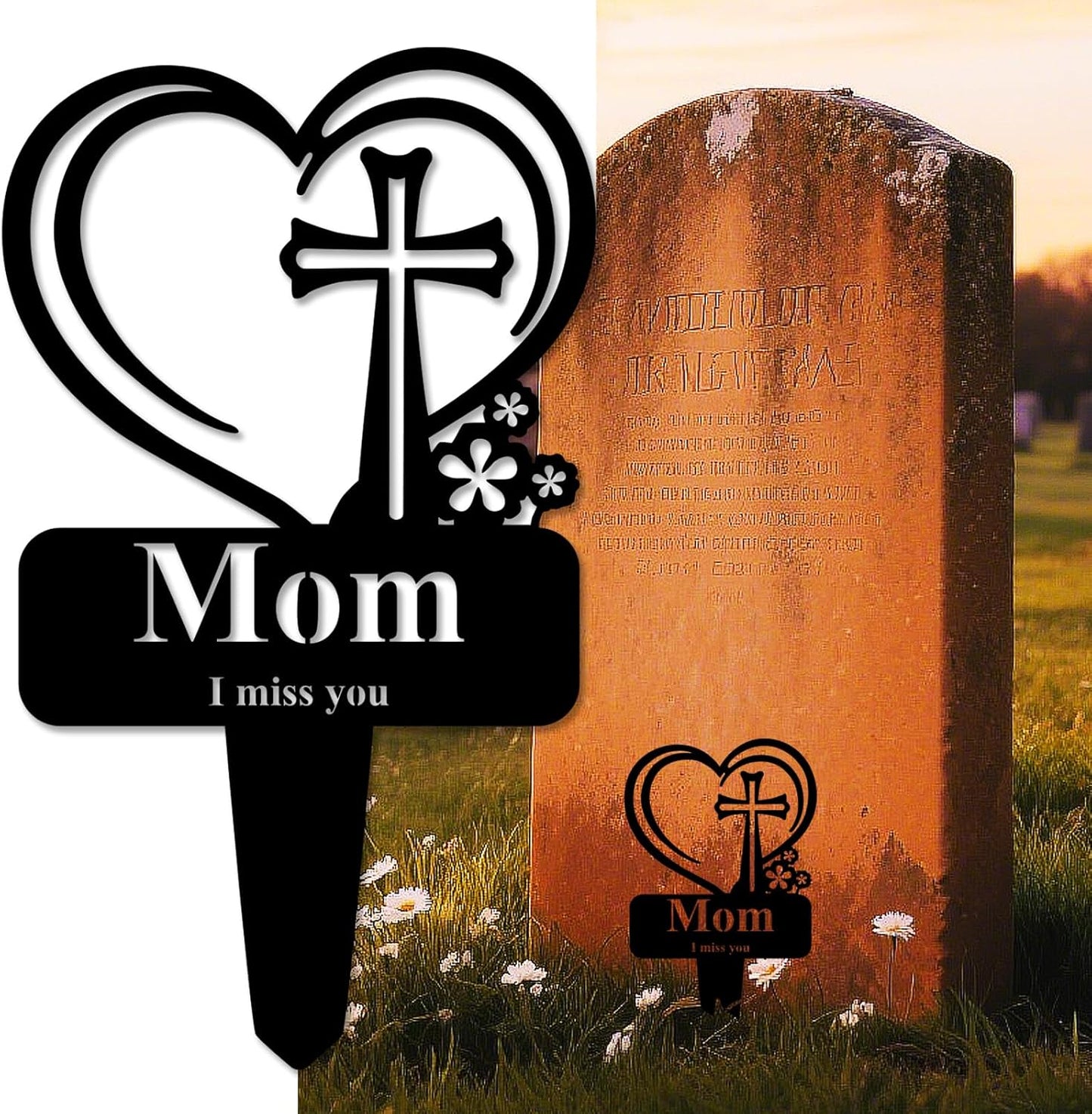Mom Memorial Grave Stake, Cemetery Decorations for Grave Markers 12.5 x 7.2 inch Heart Metal Sympathy Stakes Graveside Plaque Decor Sign for Mother Graves, Yard, Garden - Black-Mom