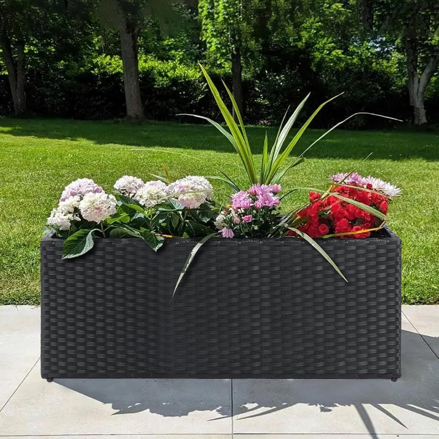 SUNNYPARK Set of 2 Large Rectangular Planter with Removable Liner, All-Weather PE Rattan Modern Planters Indoor Outdoor Flower Plant Pots Garden Box Patio Yard Front Porch Deck