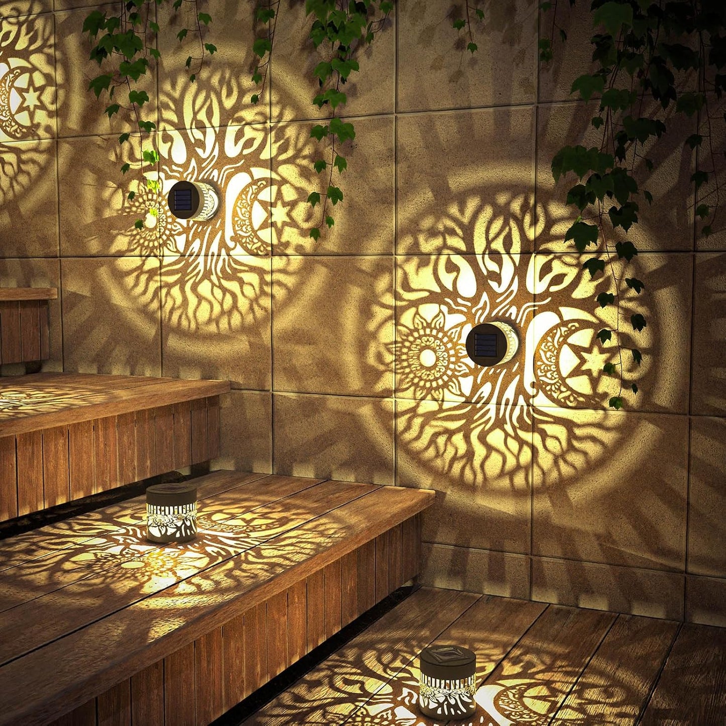 4 Pack Solar Fence Lights Metal Solar Powered Outdoor Wall Deck Step Lights Tree Theme Waterproof Fence Light for Garden Post Patio Backyard Yard Decor (Tree, 4 Pack)