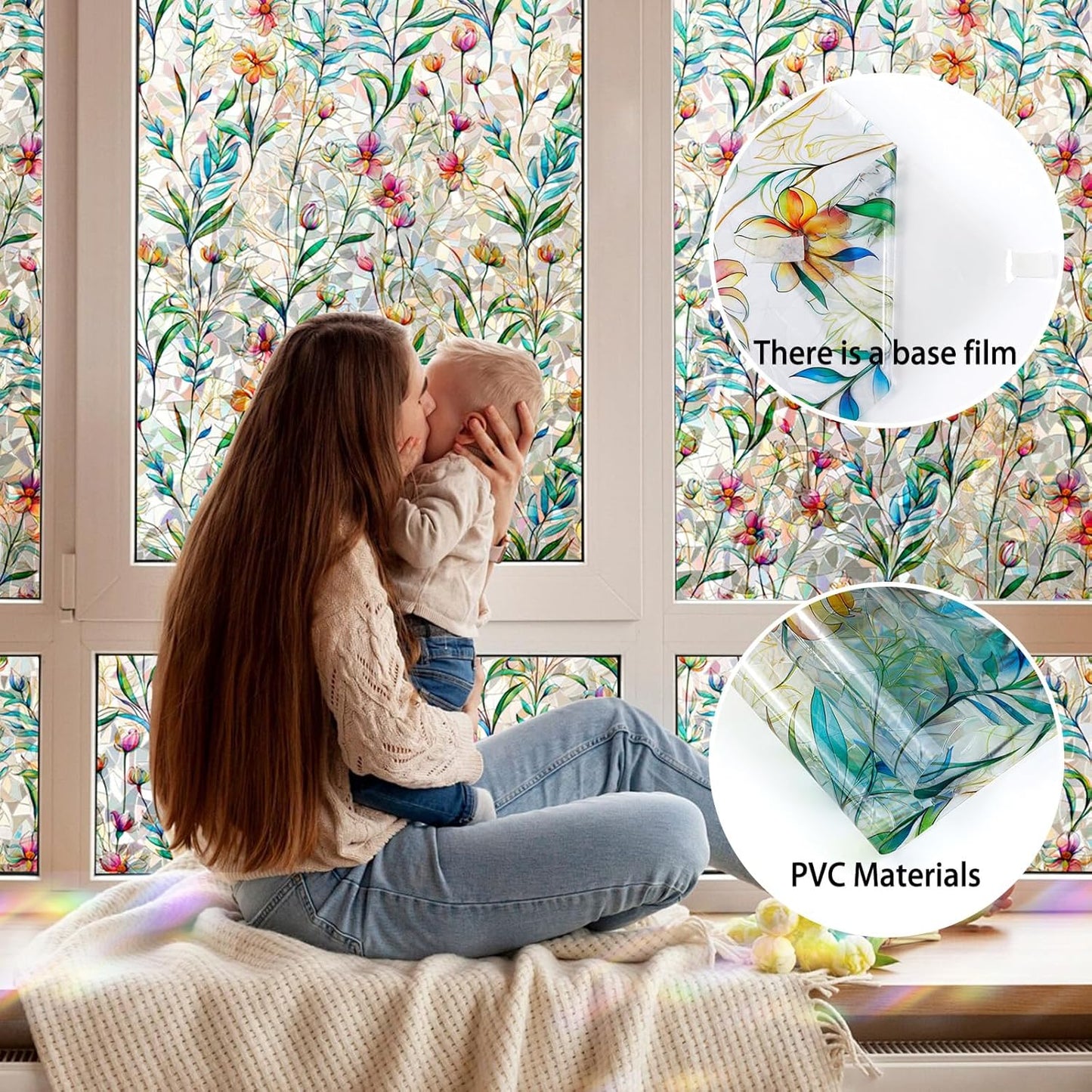 Rainbow Window Privacy Film 3D Floral Decorative Stained Glass Window Film Anti UV Non-Adhesive Reusable 23.6" x 157.4" for Home Room Car Glass Cling