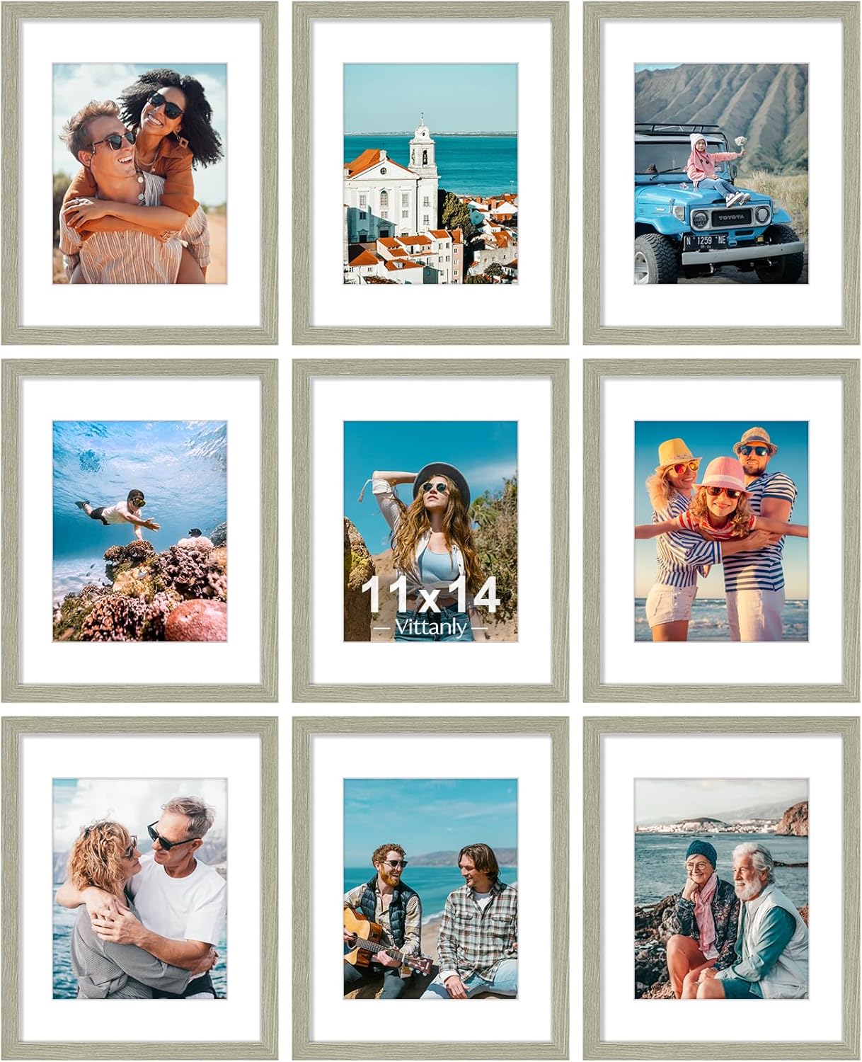 Vittanly 11x14 Picture Frames Set of 9, Shatter Resistant Plexiglass, Display 8x10 Pictures with Mat or 11x14 without Mat, Photo Frames for Wall or Tabletop, Engineered Wood, Driftwood