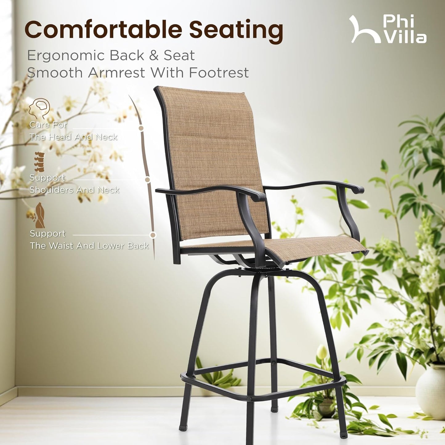 PHI VILLA Outdoor Bar Set with 4 Swivel Bar Height Patio Chairs, Wooden-Like Patio Bar Table and Chairs Furniture Set with Brown Padded Textilene Fabric for Outside, Garden and Deck