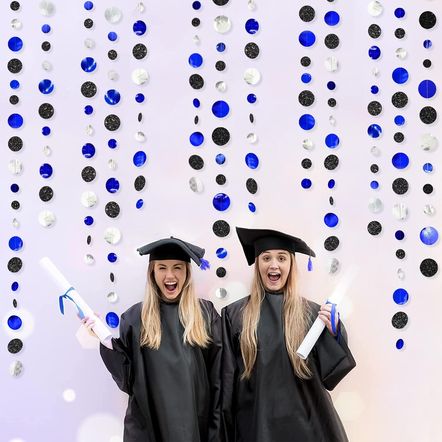 46Ft Navy Blue Black Silver Circle Dots Garland Royal Blue Black Polka Dots Streamer for Birthday Graduations Wedding Bridal Baby Shower Nautical Ahoy Achor Pirate Theme Party Decorations Supplies