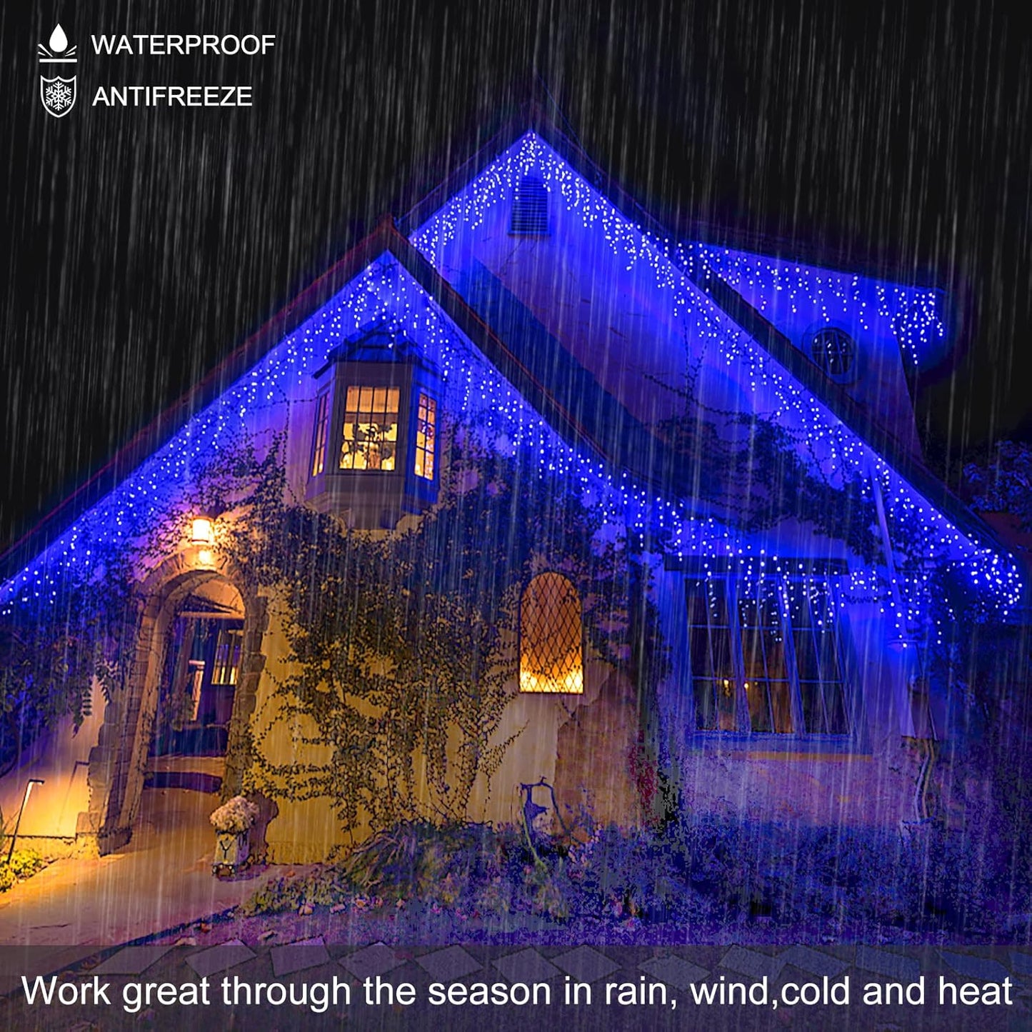 99ft Blue Christmas Lights Outdoor, 1216 LED Icicle Lights for Outside House with Clear Wire 8 Modes Timer, Plug in Waterproof for Home Holiday Eaves Yard Party Tree Room Wall Indoor Decoration