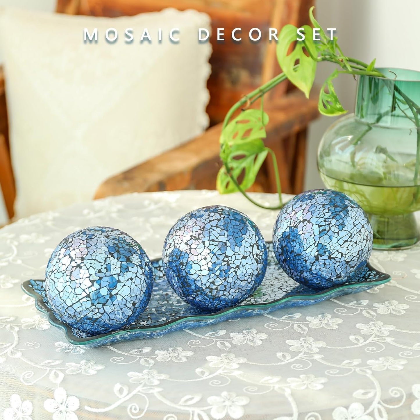 VCUTEKA Decorative Balls and Glass Bowl, 4 Inch Mosaic Sphere Balls Centerpiece Balls for Coffee Table, Home Decor, Wedding Party Decor, Blue