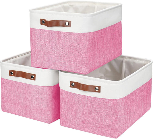 Storage Bins Large Fabric Storage Baskets for Shelves 3 Pack, Decorative Linen Closet Baskets with Handles for Organizing, Shelf, Clothes, Home, Office, 15x11x9.5Inches (Pink&White)