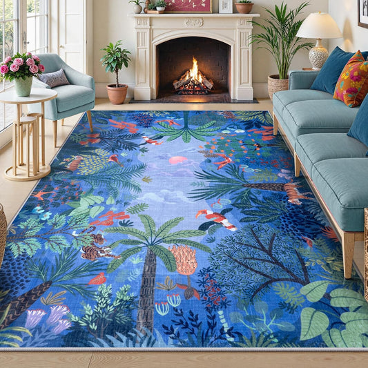 LIVEBOX Washable Jungle Animal Print Rugs 9x12 Blue Rugs for Living Room, Stain Resistant Soft Kids Area Rugs for Bedroom, Non-Skid Modern Dining Room Rug Floor Carpet for Playroom Kids Nursery