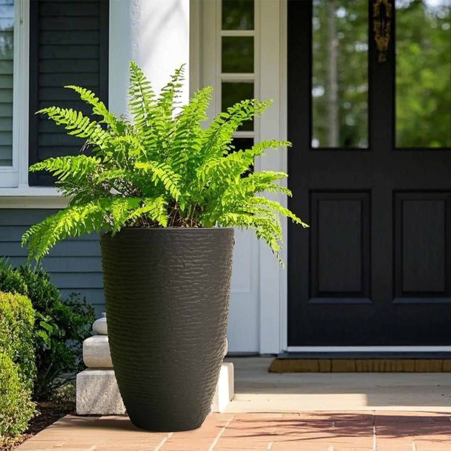 WORTH Garden 21" H Tall Planters 2 Pack - 14'' Dia Resin Large Round Black Flower Pots for Outdoor Plants Trees - Imitation Stone Finish Plastic Indoor Front Porch 9 Gallon Decorative Container Patio