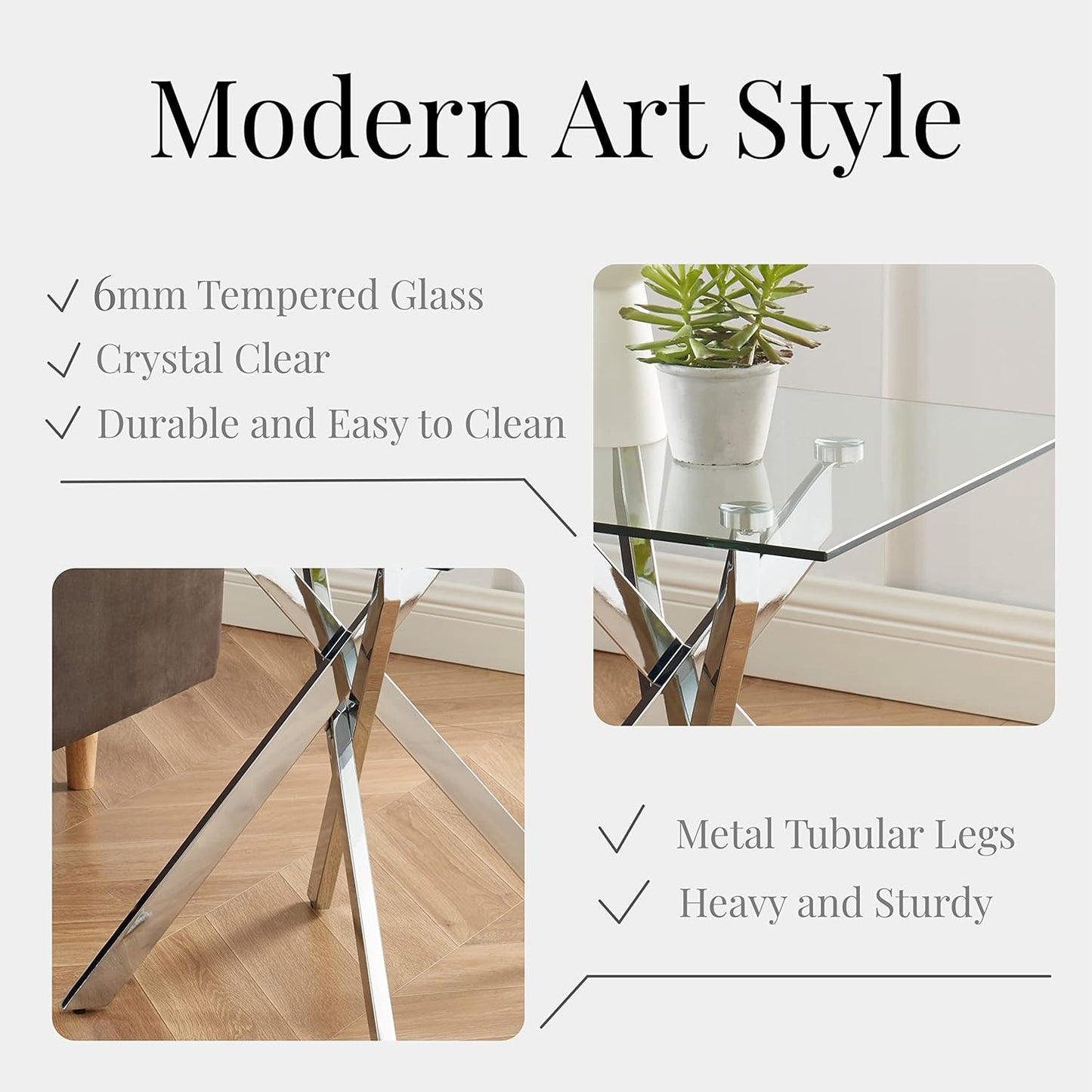 Modern Style Square Side Table with Tempered Glass Top and Metal Tubular Legs, Silver 20”Dx20”Wx22”H