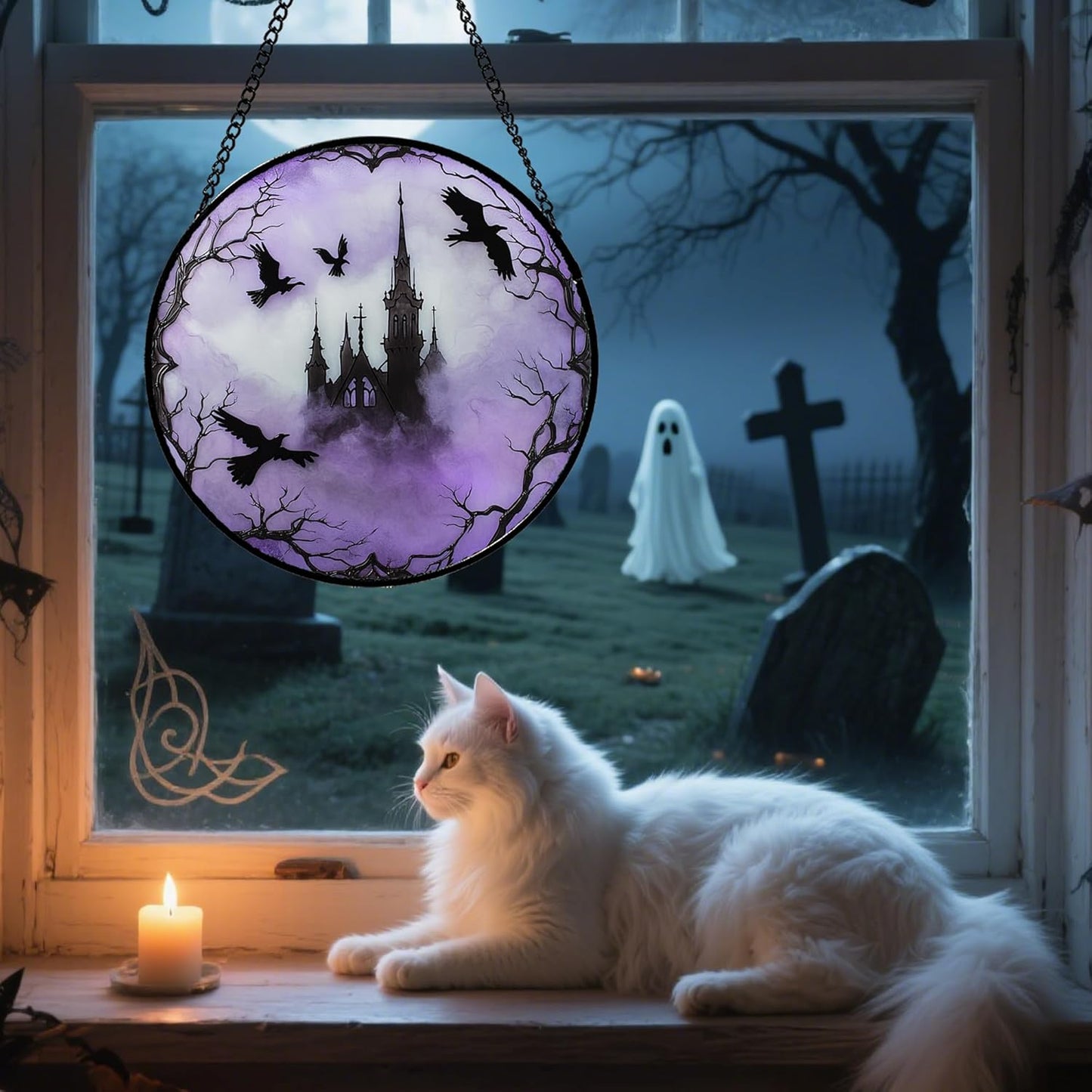 Stained Glass Window Hanging - Halloween Gothic Castle Purple Smoke Suncatcher for Doors Garden Home Spooky Crow Sun Catchers Gothic Decor Horror Gift for Women Men Friend Boy Girl 9.8 in