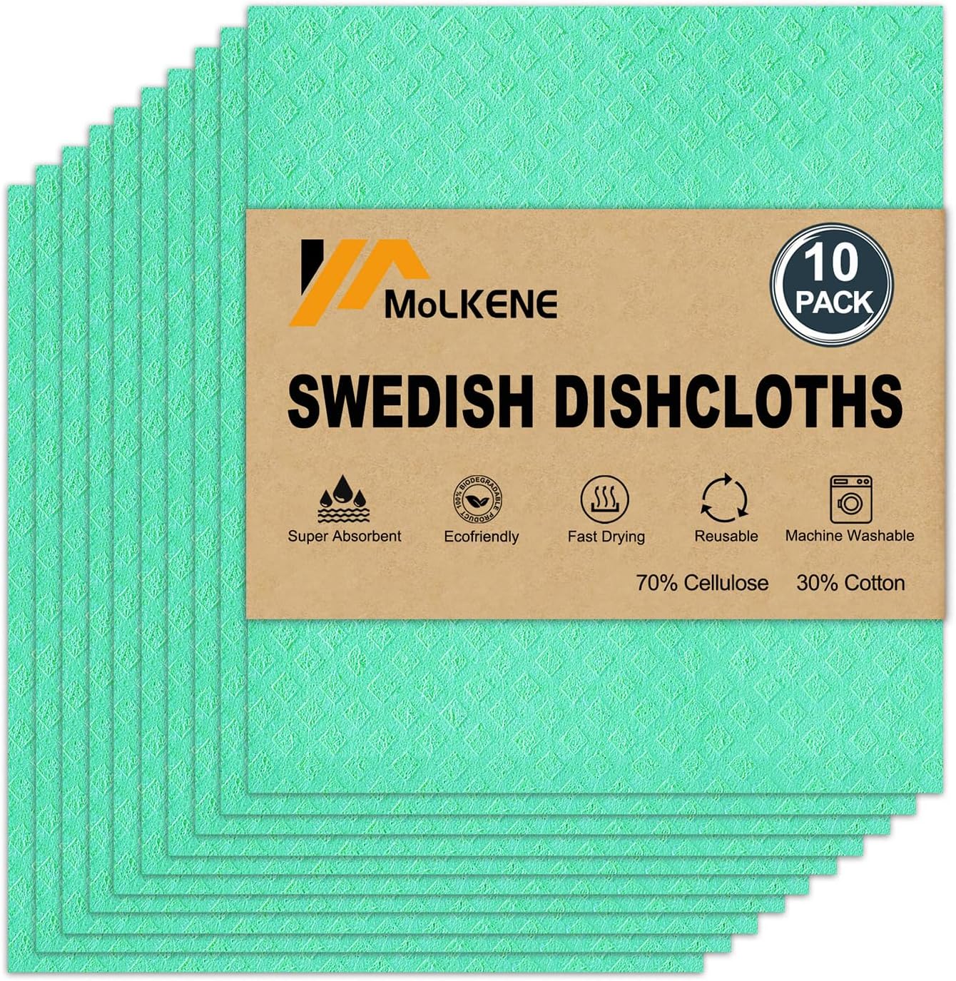 Swedish Dishcloths - 10 Pack Reusable Kitchen Dishcloths - Ultra Absorbent Dish Towels for Washing Dishes - Cellulose Sponge Cloth Cleaning Cloths - Green