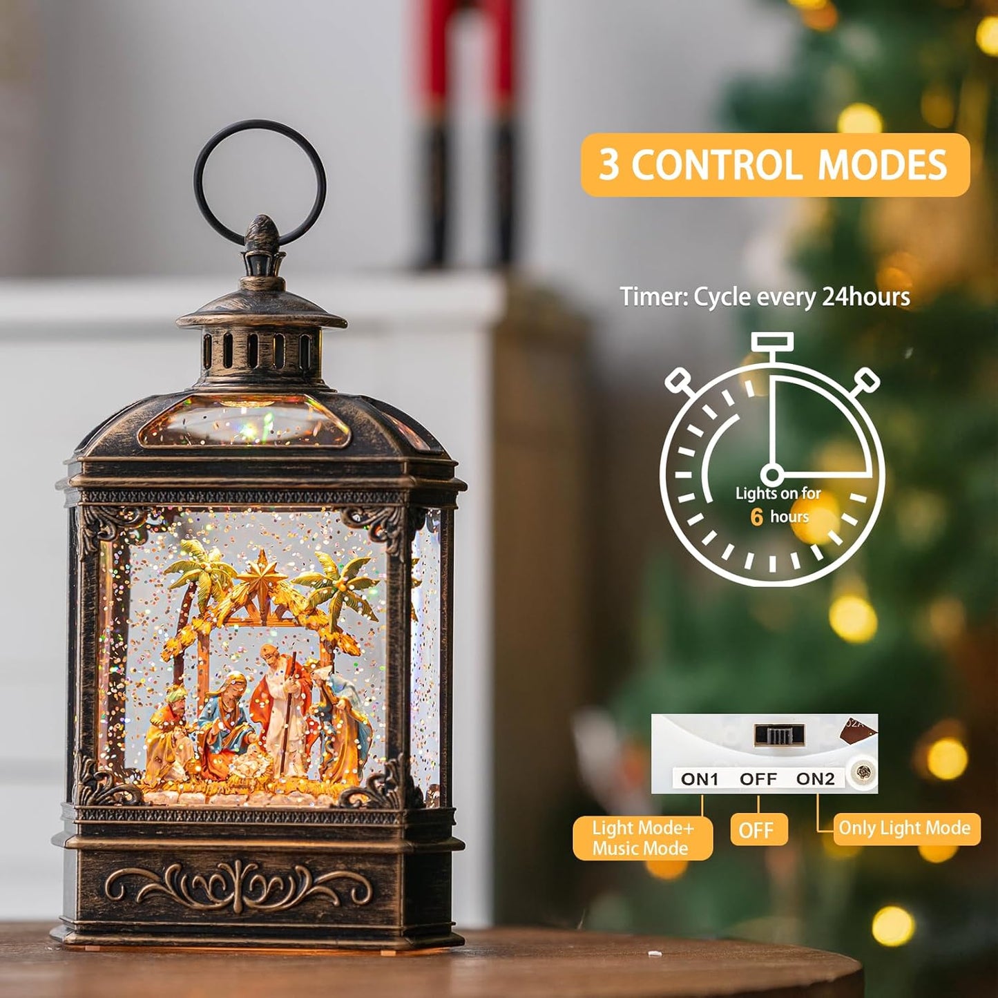 Christmas Snow Globe Swirling Glittering Nativity Scene with Music, USB Lined/Battery Operated Lighted Water Lantern for Christmas Festival Decoration Gifts