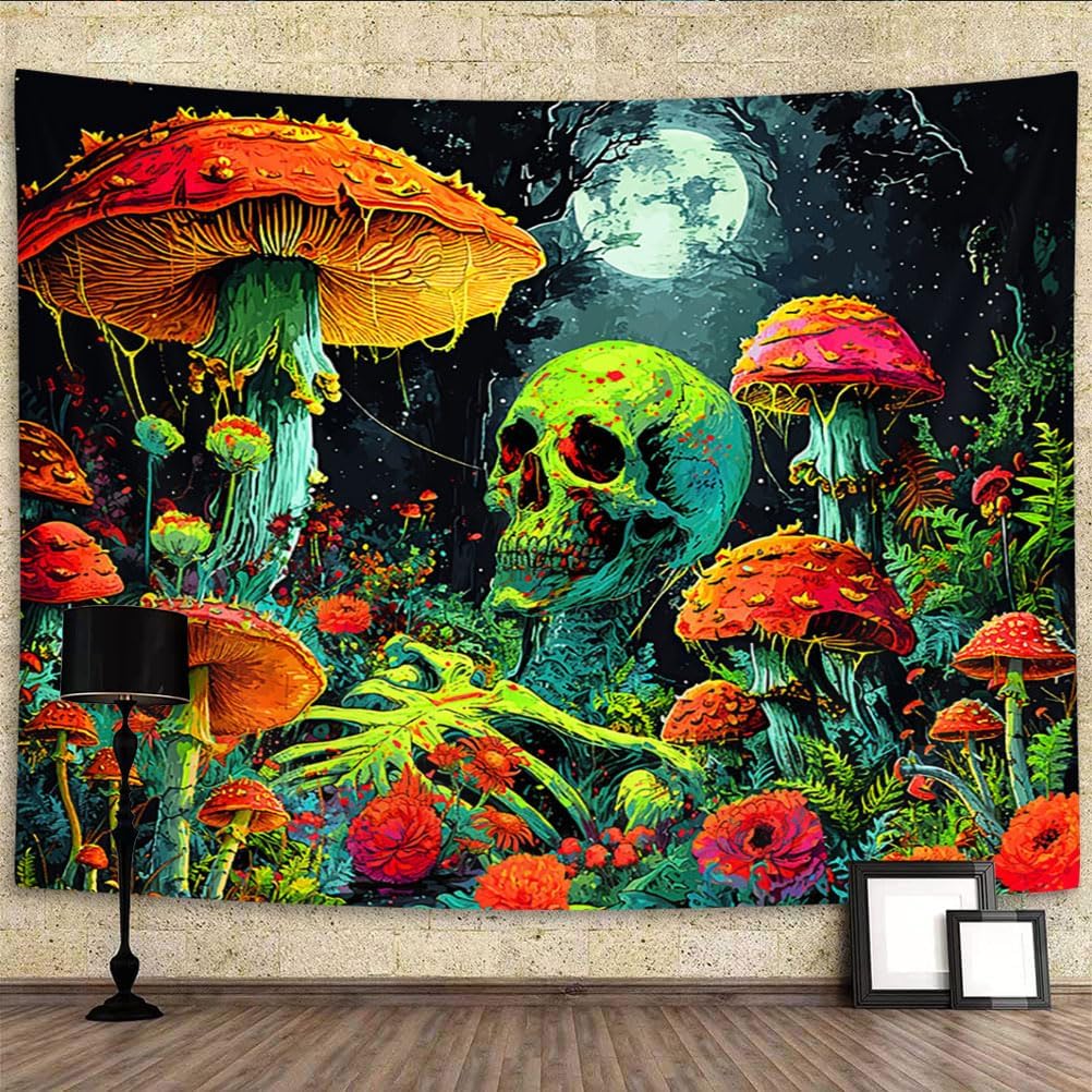 Xiaoput Blacklight Skull Wall Art, UV Reactive Neon Gothic Tapestry for Men, Glow in Dark Trippy Forest Wall Hanging for Home Decor, 80x60IN