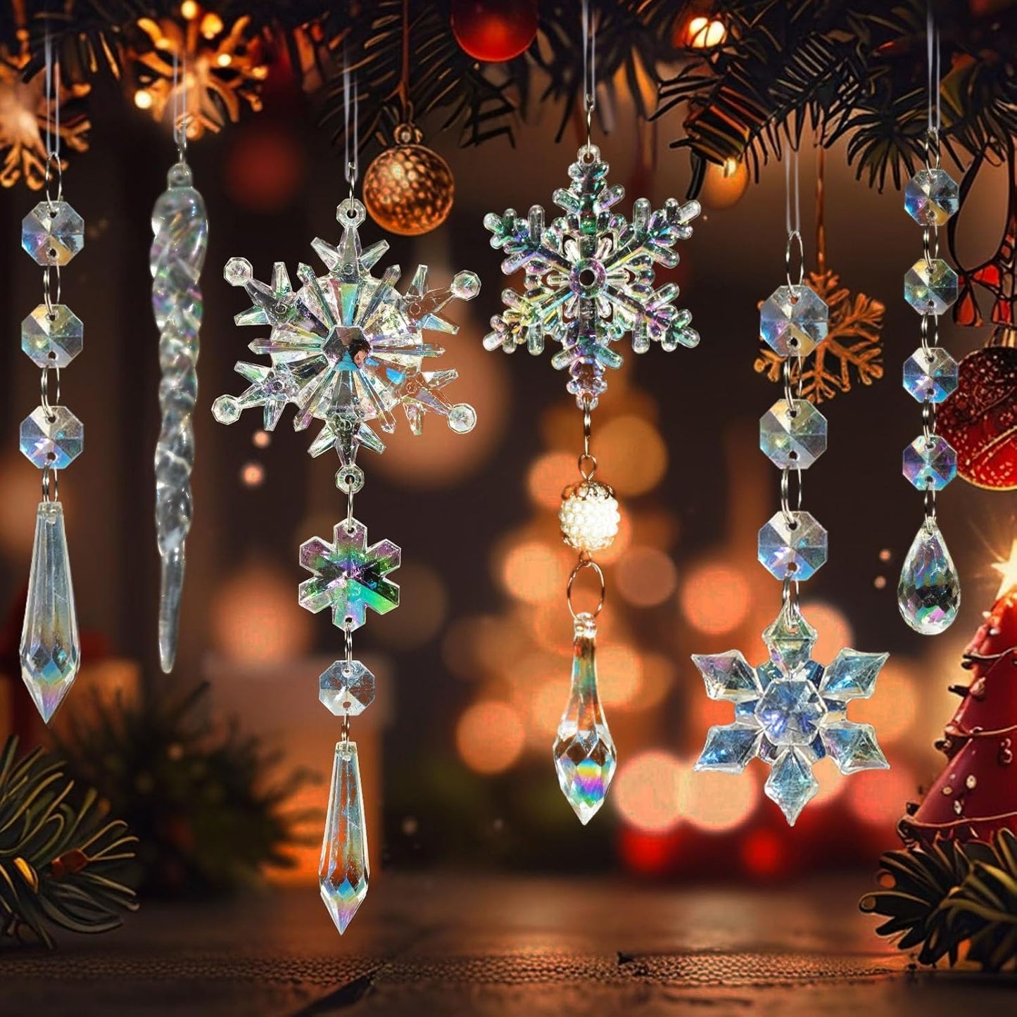 48pcs Christmas Crystal Ornaments for Tree - Iridescent Christmas Tree Ornaments Acrylic Snowflakes Drop Icicle Pendants Hanging Ornaments for Xmas Trees Winter Holiday Frozen Party Decorations