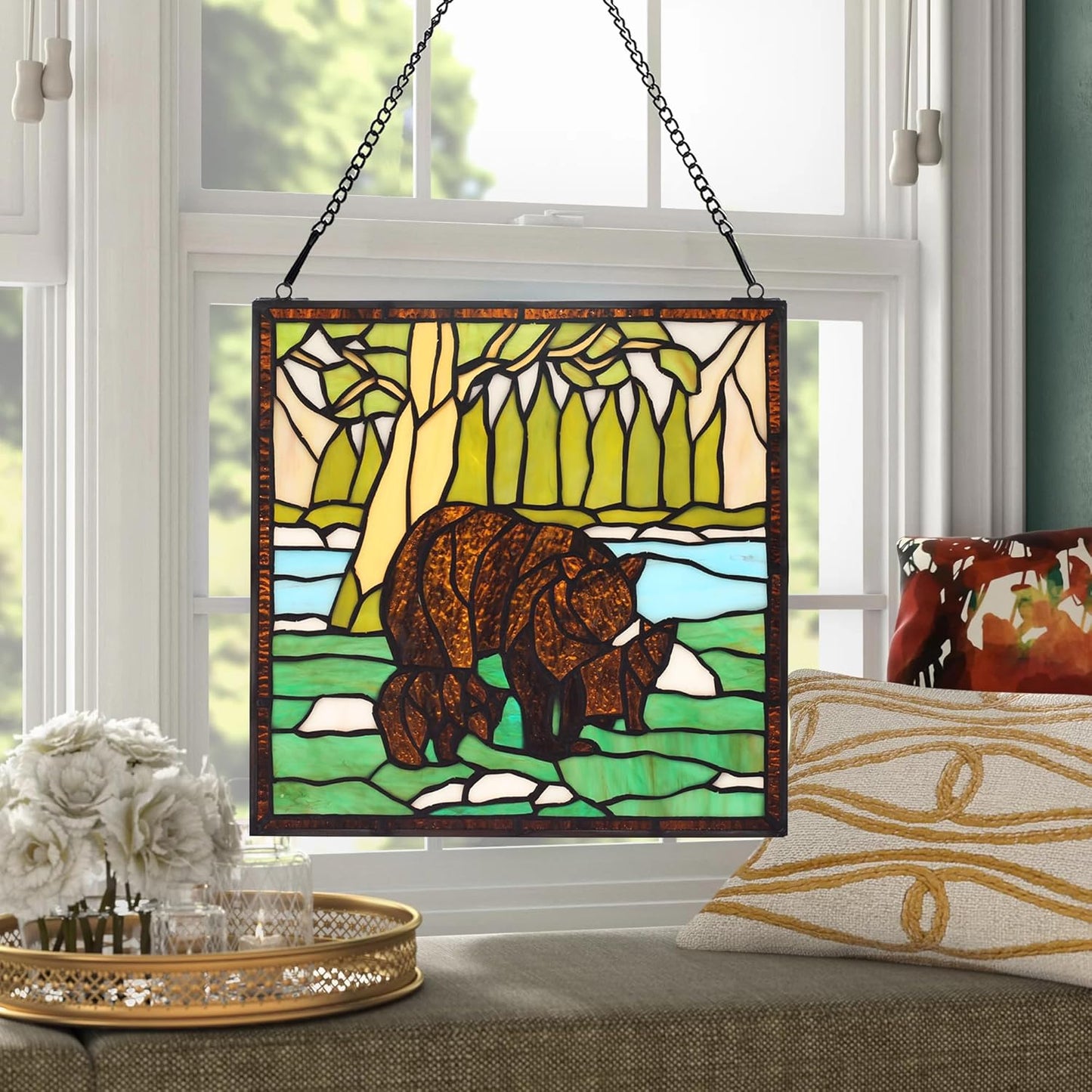 bwkoiujes Stained Glass Window Hanging 12" Square Tiffany Animal Style 3 Brown Bears Suncatcher Wall Decor Art Panel Includes 20" Chain and Hooks The Perfect Housewarming Gift