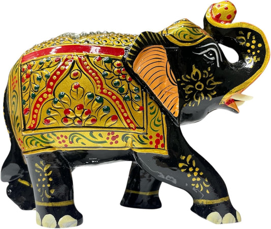 Handcrafted Wooden Elephant Figurine – Traditional Artwork, Gold & Gemstone Embellishments – Lucky Decorative Elephant Statue for Prosperity | Beautiful Elefantes Decorativos para Sala (Black & Gold)