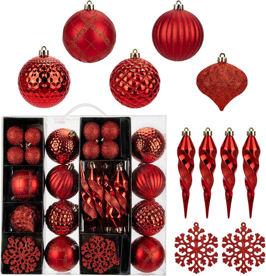 50PCS Christmas Tree Ornaments Set with Shatterproof Balls Icicle Snowflake Hanging Ornaments for Home Office Farmhouse Christmas Decorations, Red