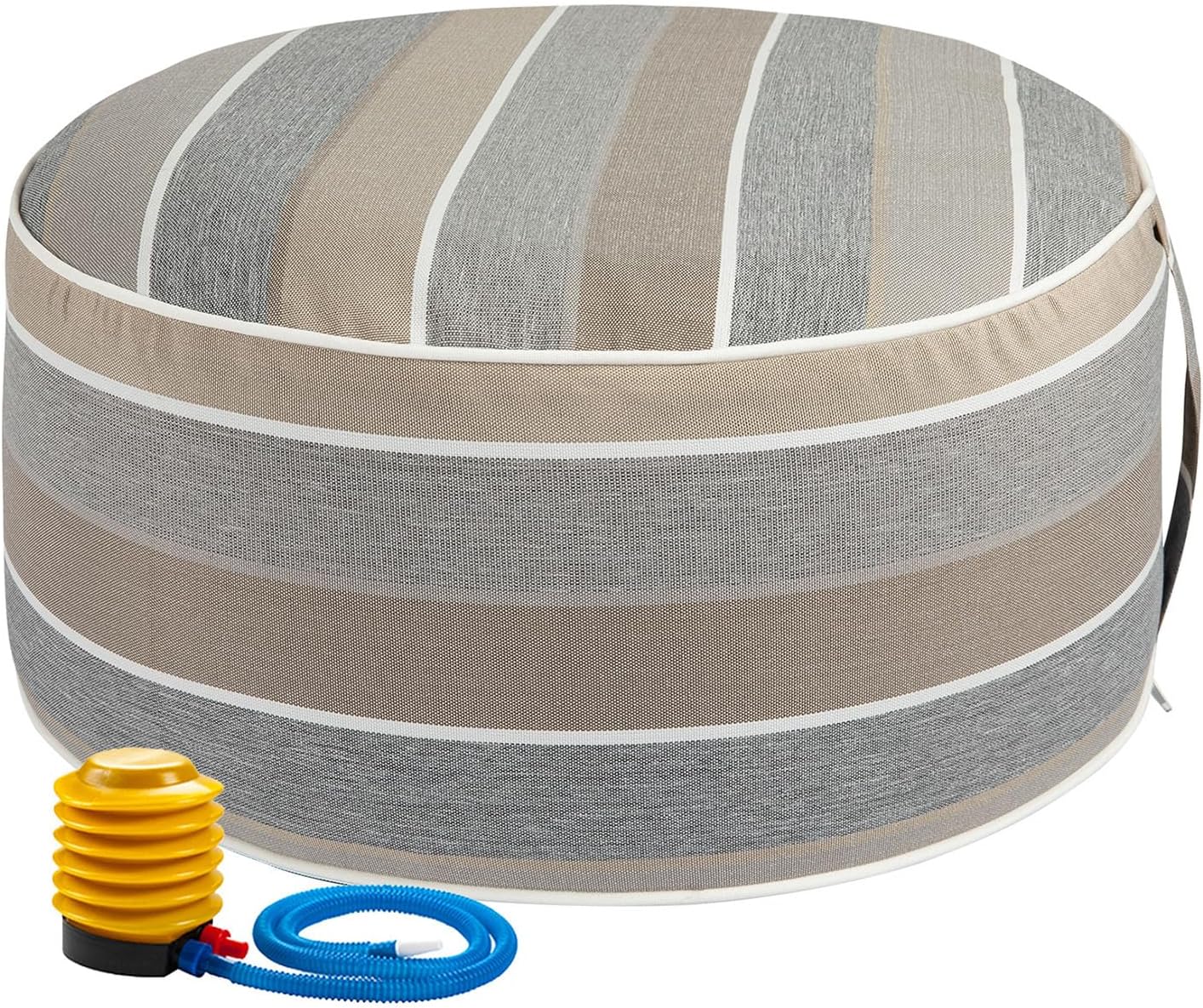 FUNHOME Inflatable Outdoor Ottoman with Air Pump,20"x9" Portable Patio Pouf,Water Resistant,Fade-Resistant,Round Blow Up Footrest Stools for Home Garden Camping Travel(Gray Stripe)