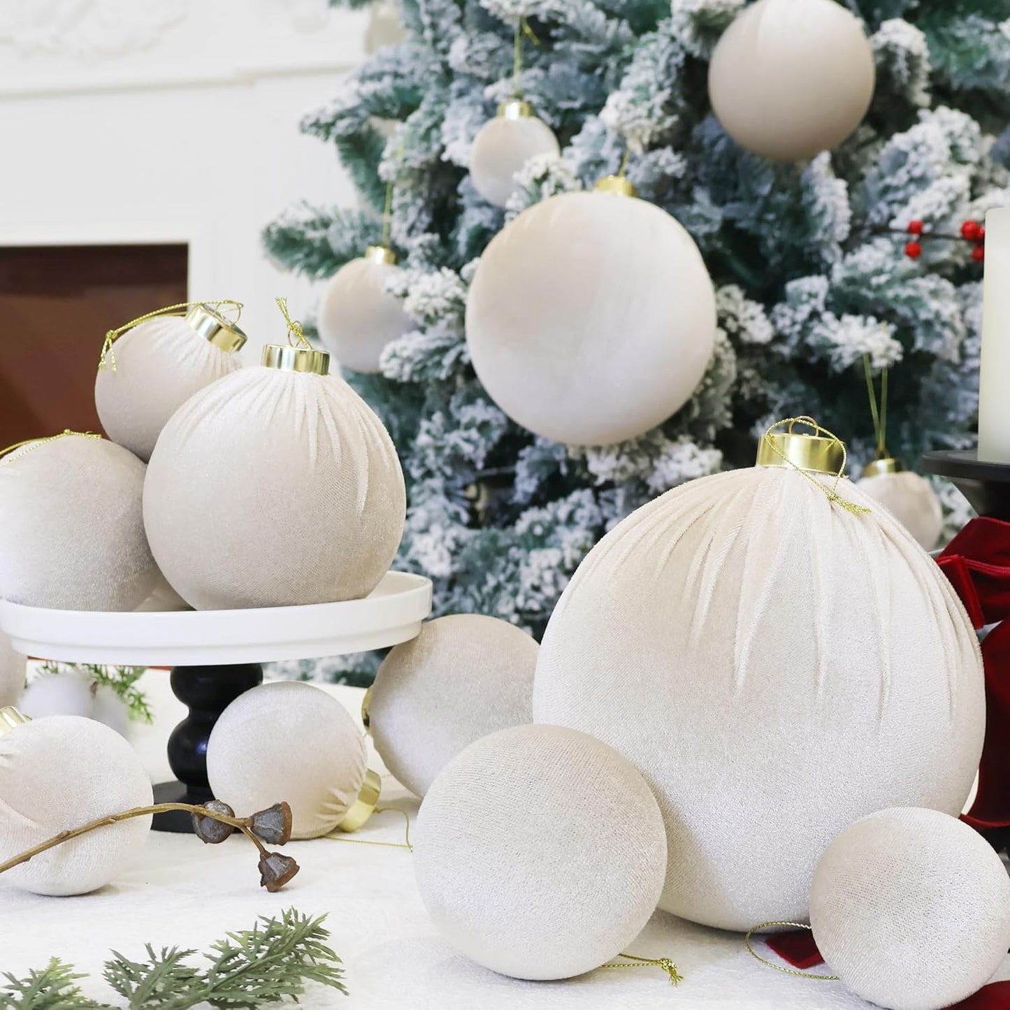 6inch Big Velvet Christmas Ornaments, 2pcs Flocked Ornaments Balls Sets for Christmas Tree Decorations Beige