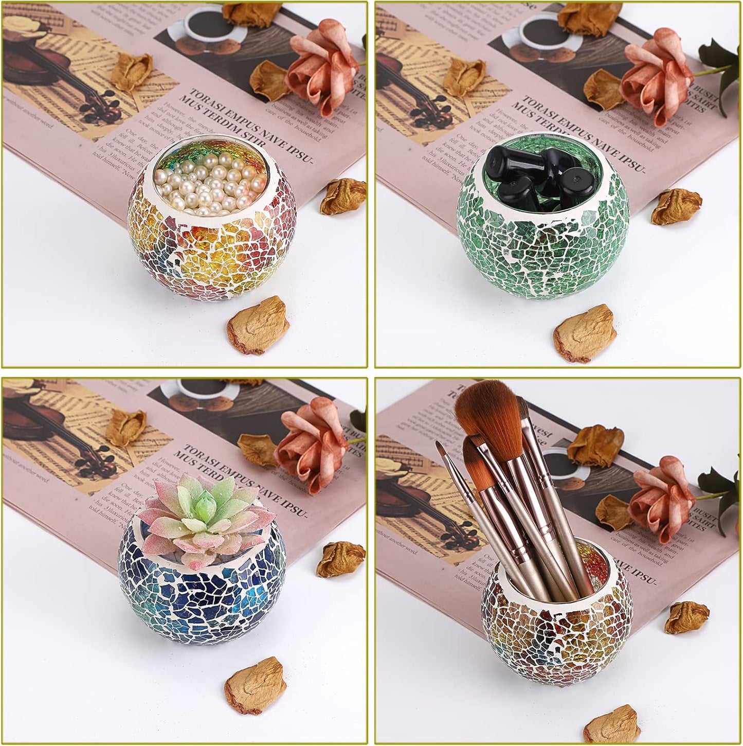 OwnMy 6PCS Mosaic Glass Tealight Holders: Round Votive Candle Holders & Stands for Table Centerpieces, Multicolor Glass Mosaic Tealight Holders, Small Potted Plant Bowl Candle Vases