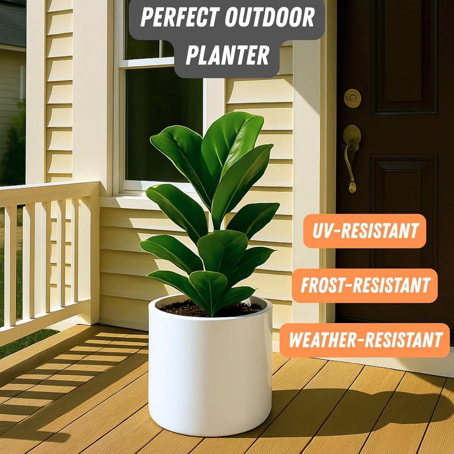 Fox & Fern 10 Inch Plant Pot with Drainage Plug — Premium Lightweight Fiberstone Glossy White Planter; Indoor & Outdoor Planter; 10 Inch Pots for Plants; Weather Resistant & UV Resistant