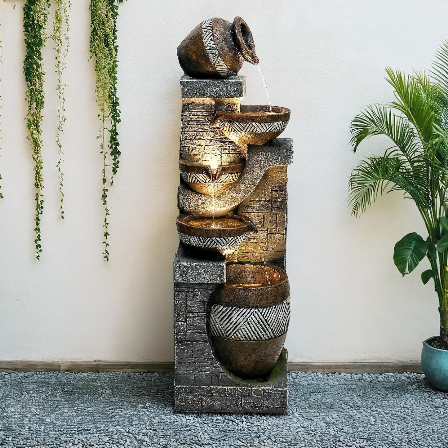 Naturefalls 42.5” H Modern Outdoor Fountain - 5 Bowls Outdoor Garden Fountains with Contemporary Design&LED Light for Garden, Patio, Deck, Porch, Backyard and Home Art Decor