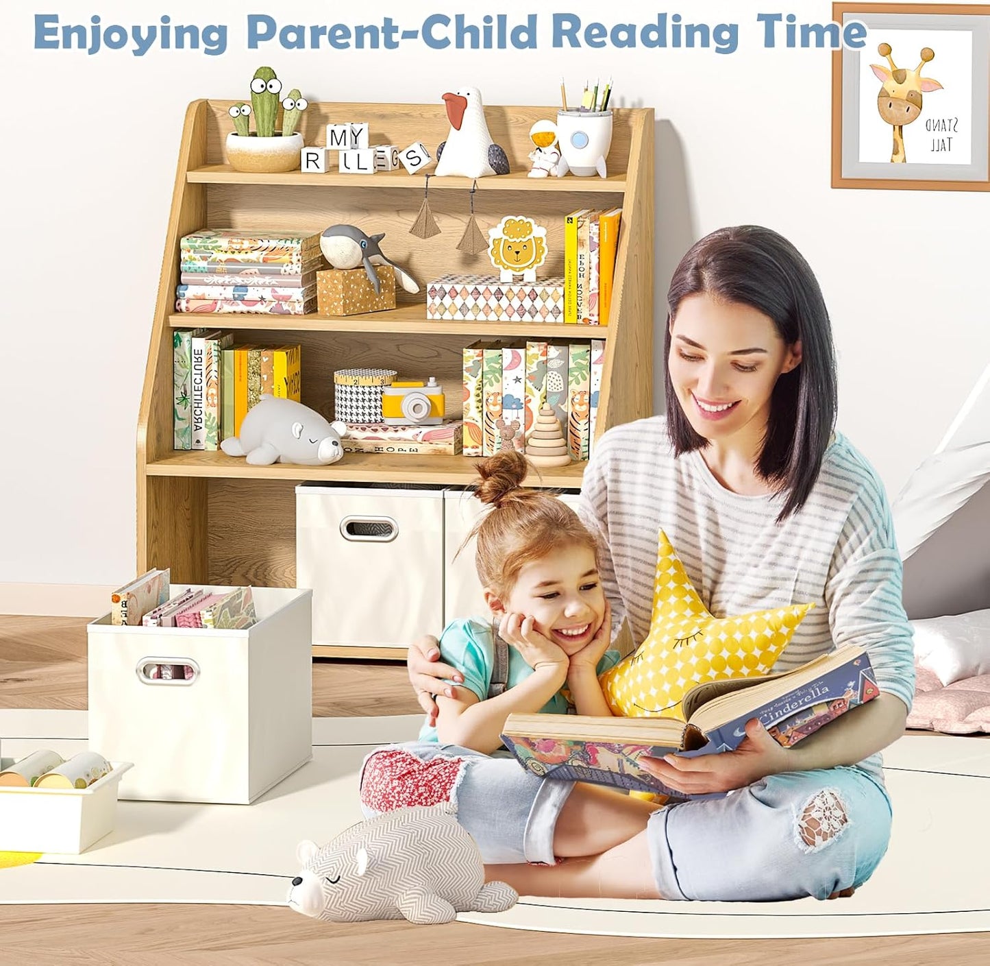 Kids Bookshelf and Toy Organizer, Wooden Kids Bookcase, Toddler Montessori Bookshelf with 3 Movable Drawers, Toy Storage Organizer for Kids Room, Living Room, Nursery