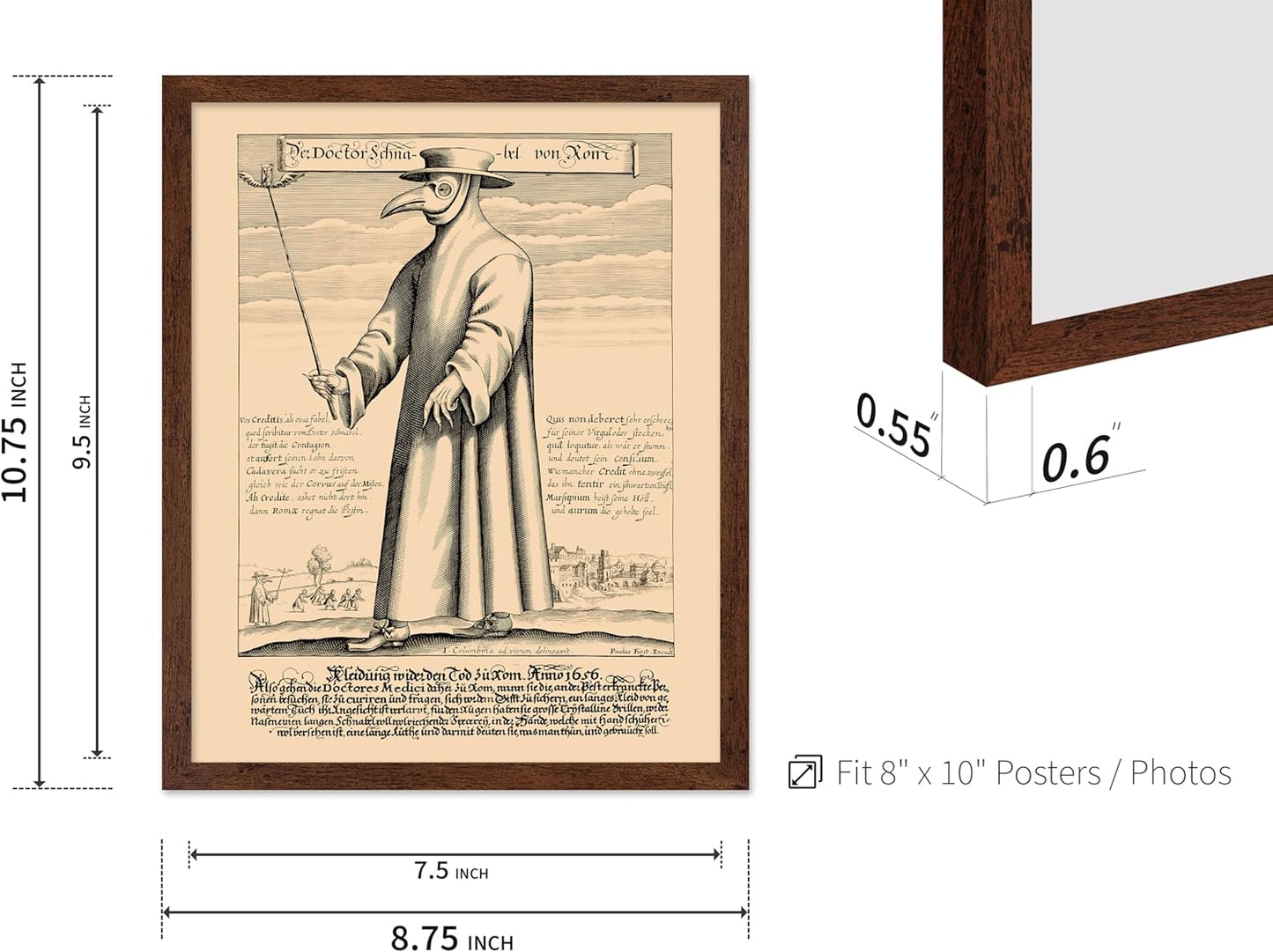 Poster Master Vintage Medieval Poster - Retro Illustration Print - Gift for Friend - Plague Doctor, Pandemic Mask, Physician, Black Death - Wall Decor for Home, Living Room, 8x10 Brown Framed