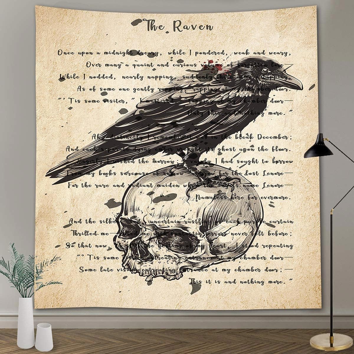 The Raven Tapestry Gothic Skull and Raven Dictionary Tapestry, Large 90x100 Inches Soft Flannelette, Ancient Raven Hymn Poster for Home Dorm GTQQAY1547