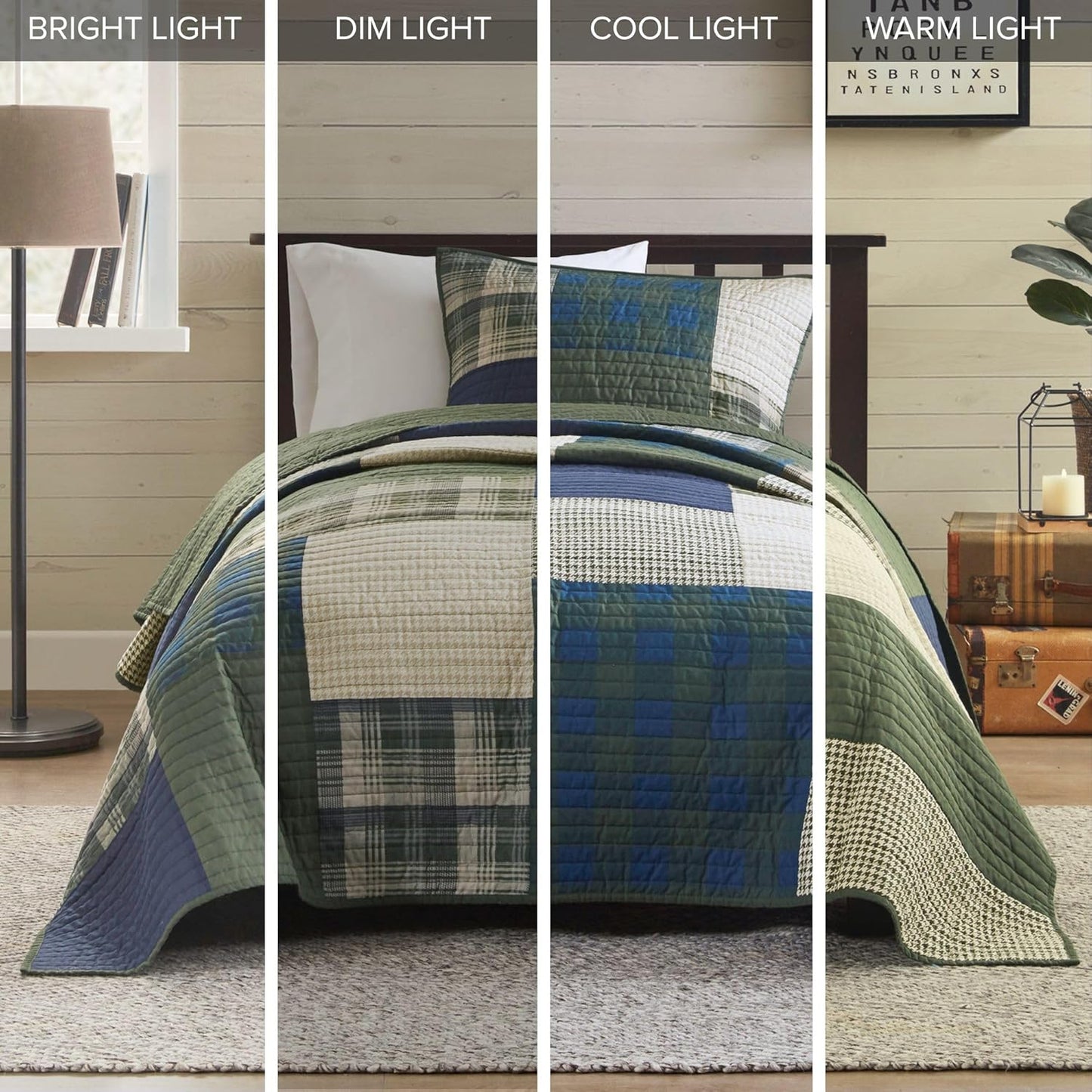 Woolrich Quilt Set Patchwork Channel Quilting, Cottege Coverlet for Twin Size Bed All Seasons, Lightweight Prewashed Cotton Coverlet Bedspread, Shams, Mill Creek, Oversized Twin/Twin XL Green 2 Piece