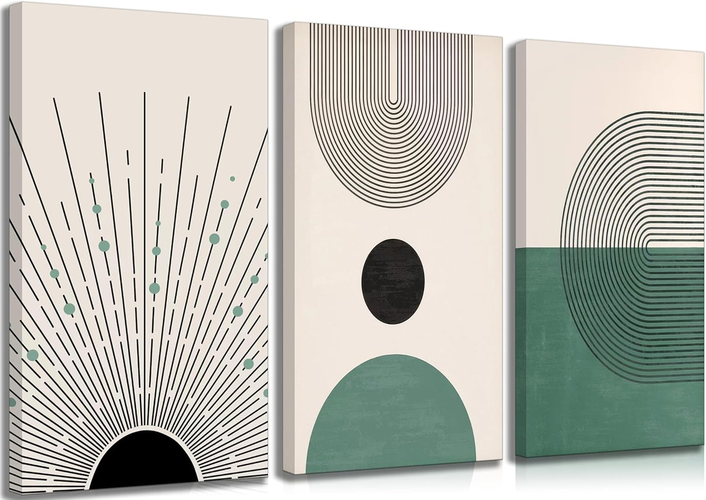 3 Pcs Sage Green Boho Canvas Wall Art Modern Abstract Minimalist Neutral Bohemian Sun Geometric Line Painting Picture Wall Decor Poster Print Artwork for Living Room Bedroom Home Decoration