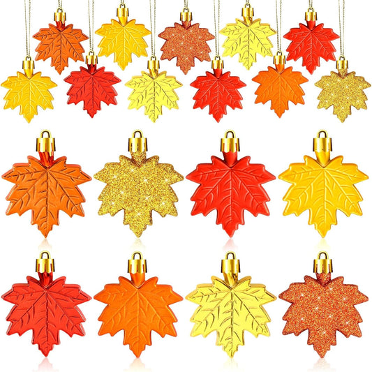 JULMELON 24 Pcs Fall Thanksgiving Maple Leaf Ornaments Tree Decorations Fall Autumn Mini Maple Hanging Ornaments with Rope Glitter Maple Pendant for Farmhouse Rustic Party Favors Supplies