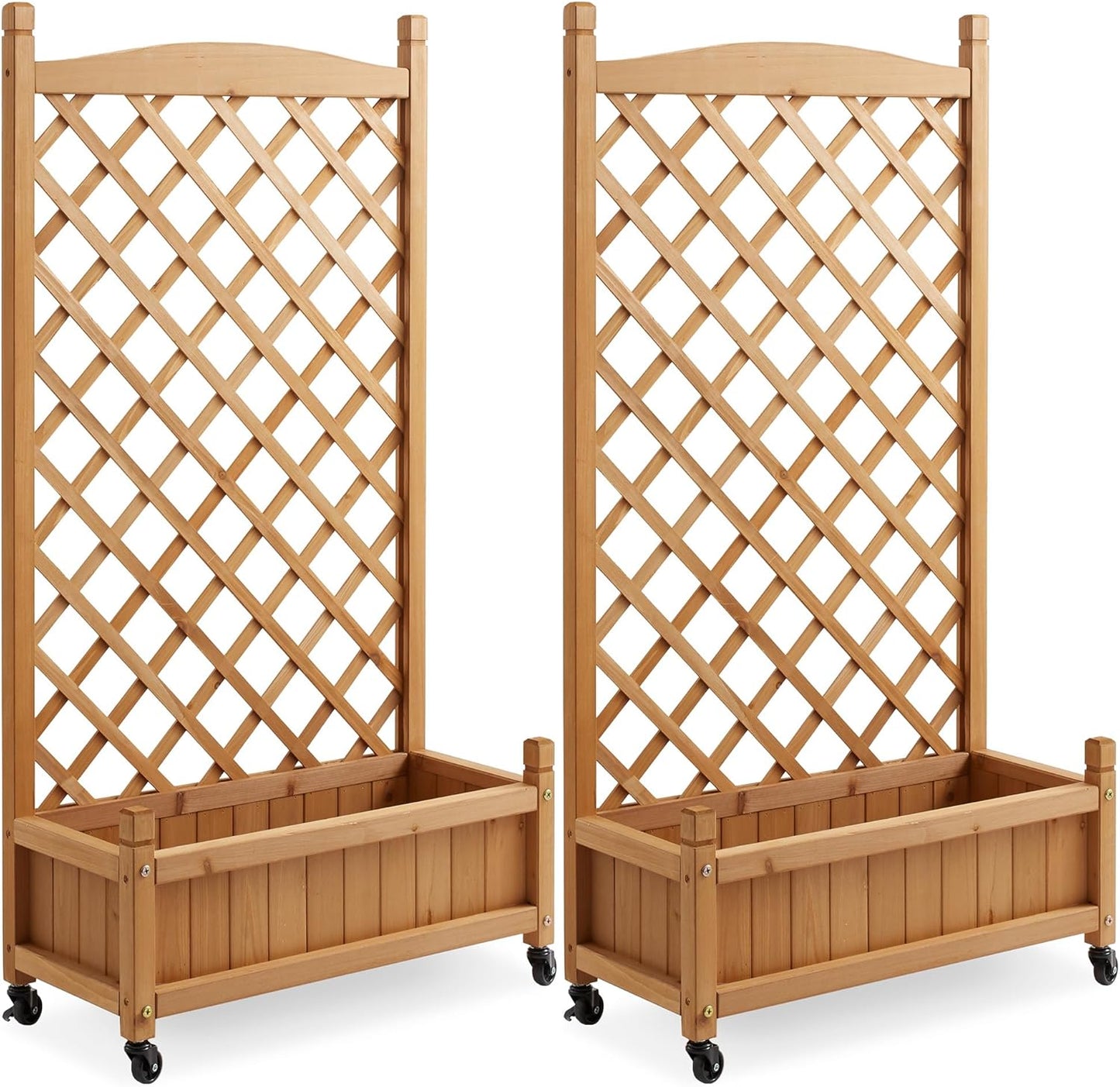 Casafield Set of Two 48" Raised Garden Bed with Trellis - Wooden Diamond Lattice for Climbing Plants and Planter Box with Drainage Holes and Wheels