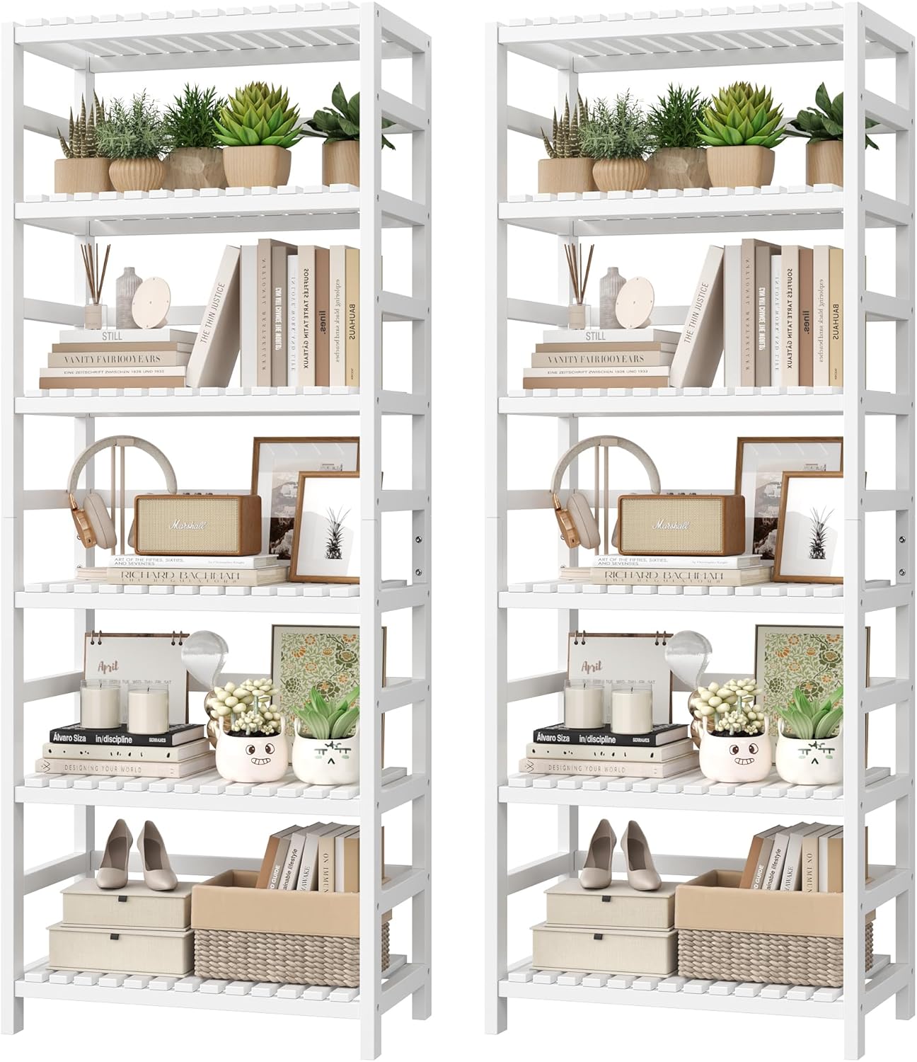 FOTOSOK 6-Tier Bamboo Shelf Set of 2, Bamboo Bookcase with Adjustable Shelves, Free Standing Storage Shelf Unit Plant Flower Stand, Tall Large White Bookshelf for Kitchen, Bathroom, Home Office, White