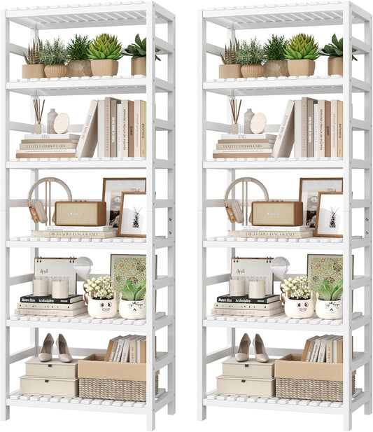 FOTOSOK 6-Tier Bamboo Shelf Set of 2, Bamboo Bookcase with Adjustable Shelves, Free Standing Storage Shelf Unit Plant Flower Stand, Tall Large White Bookshelf for Kitchen, Bathroom, Home Office, White