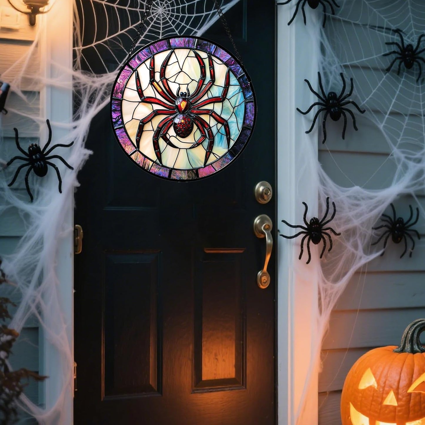 Stained Glass Window Hanging - Halloween Decorations Red Spider Goth Suncatcher for Doors Garden Indoor Funny Spooky Sun Catchers Gothic Decor Horror Gifts for Women Men Friend 9.8 in