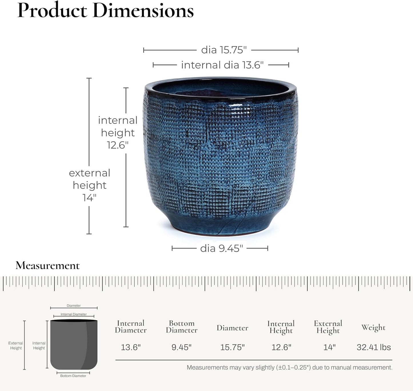 LuxenHome 15.5-Inch Dia Ceramic Planters, Large Outdoor Indoor Plant Pots with Drainage Hole and Rubber Plug, Modern Ocean Blue Glazed Round Flower Pot Planters for Home Garden Patio